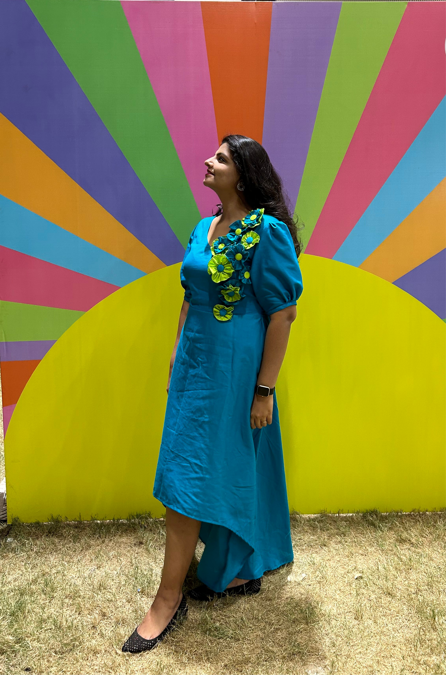 3D Floral Shreya Teal Blue High Low Dress