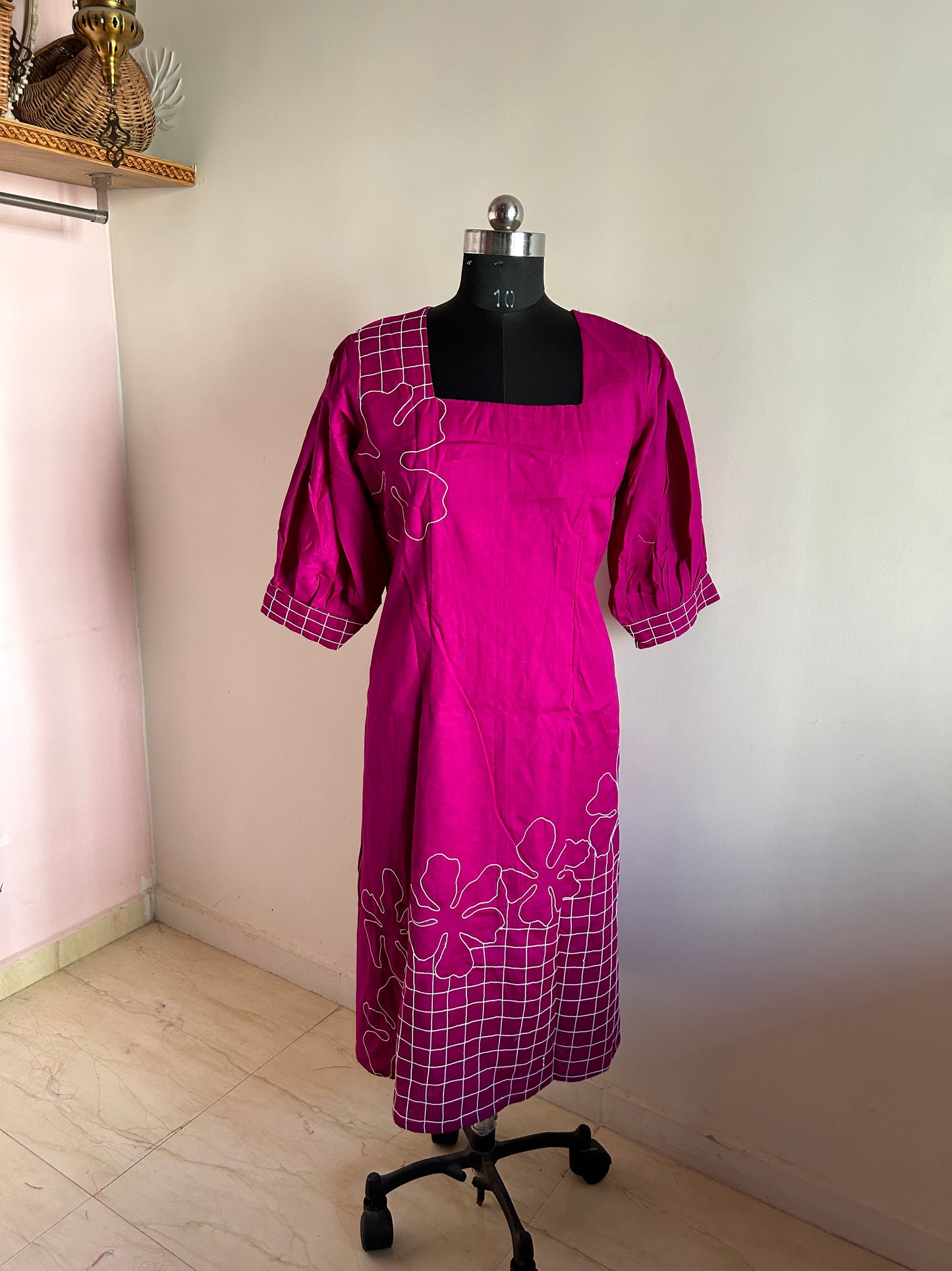 Katya Purple Floral Checked Embroidered Dress