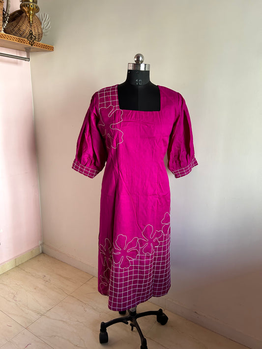 Katya Purple Floral Checked Embroidered Dress