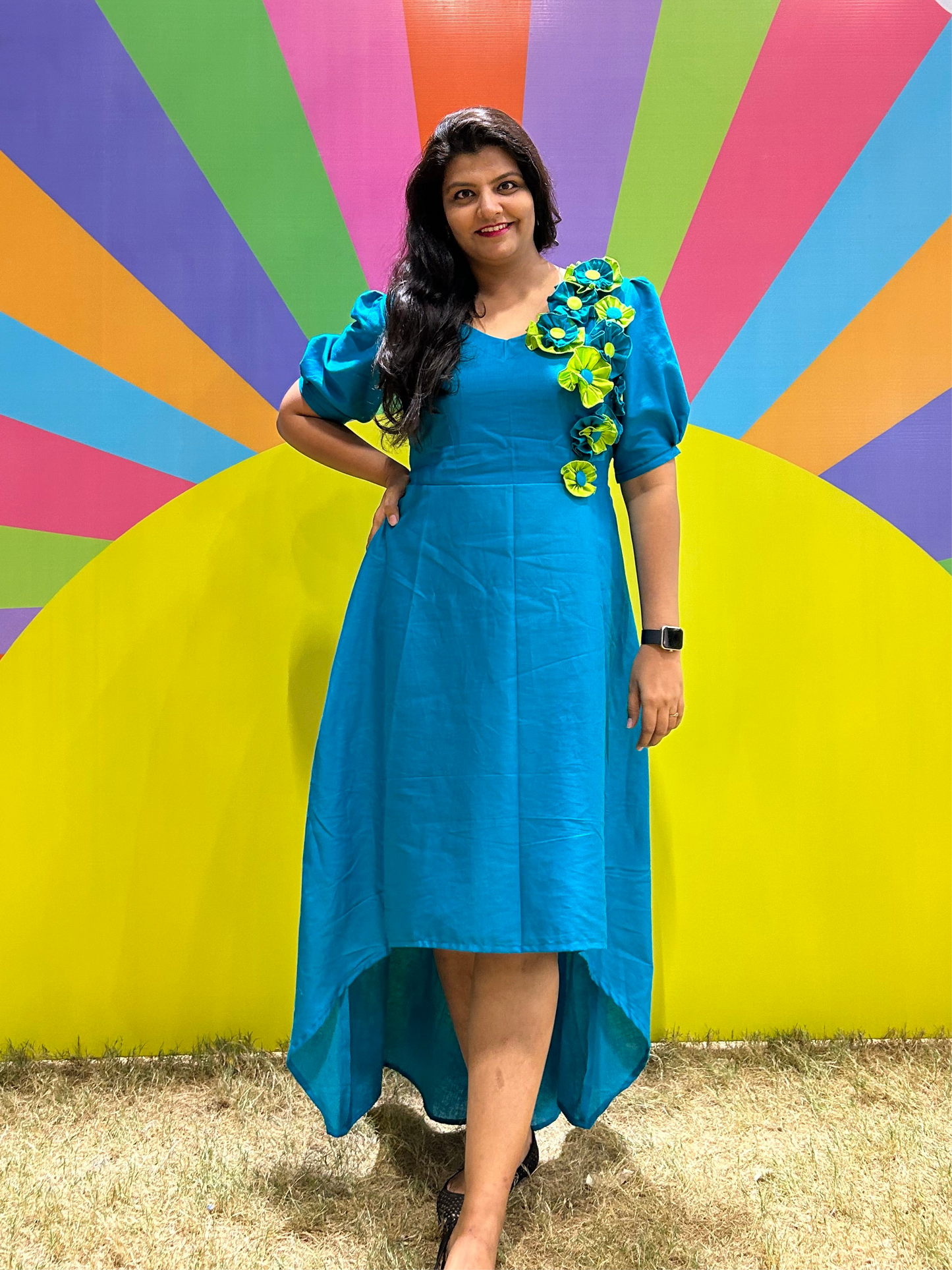 3D Floral Shreya Teal Blue High Low Dress