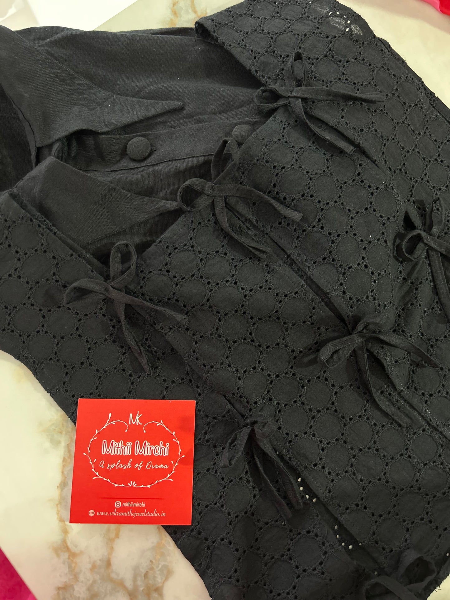 Daisy Black Schiffli Bow vested Shirt Set