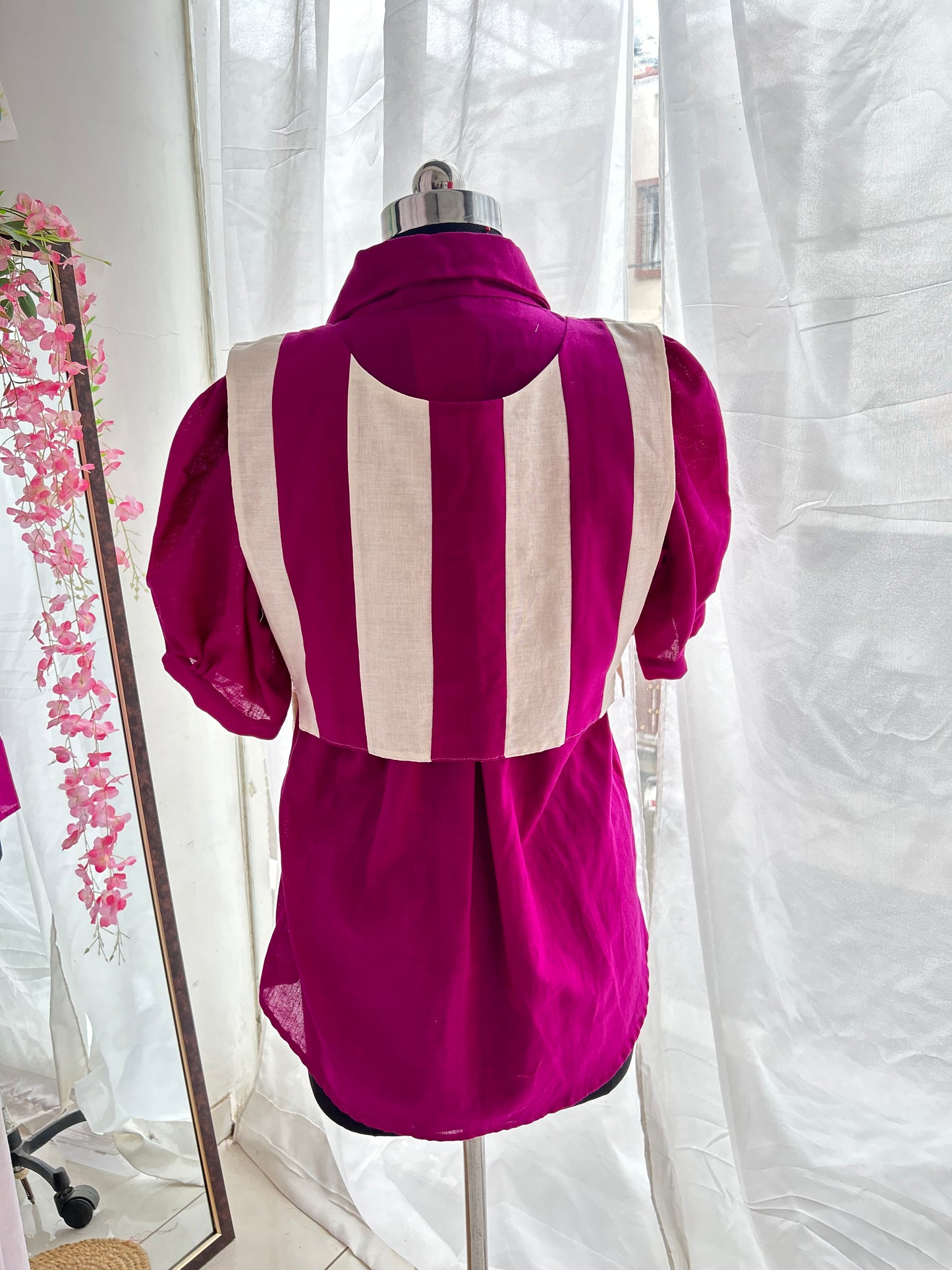 Purple Panelled Bow Vest Shirt Set