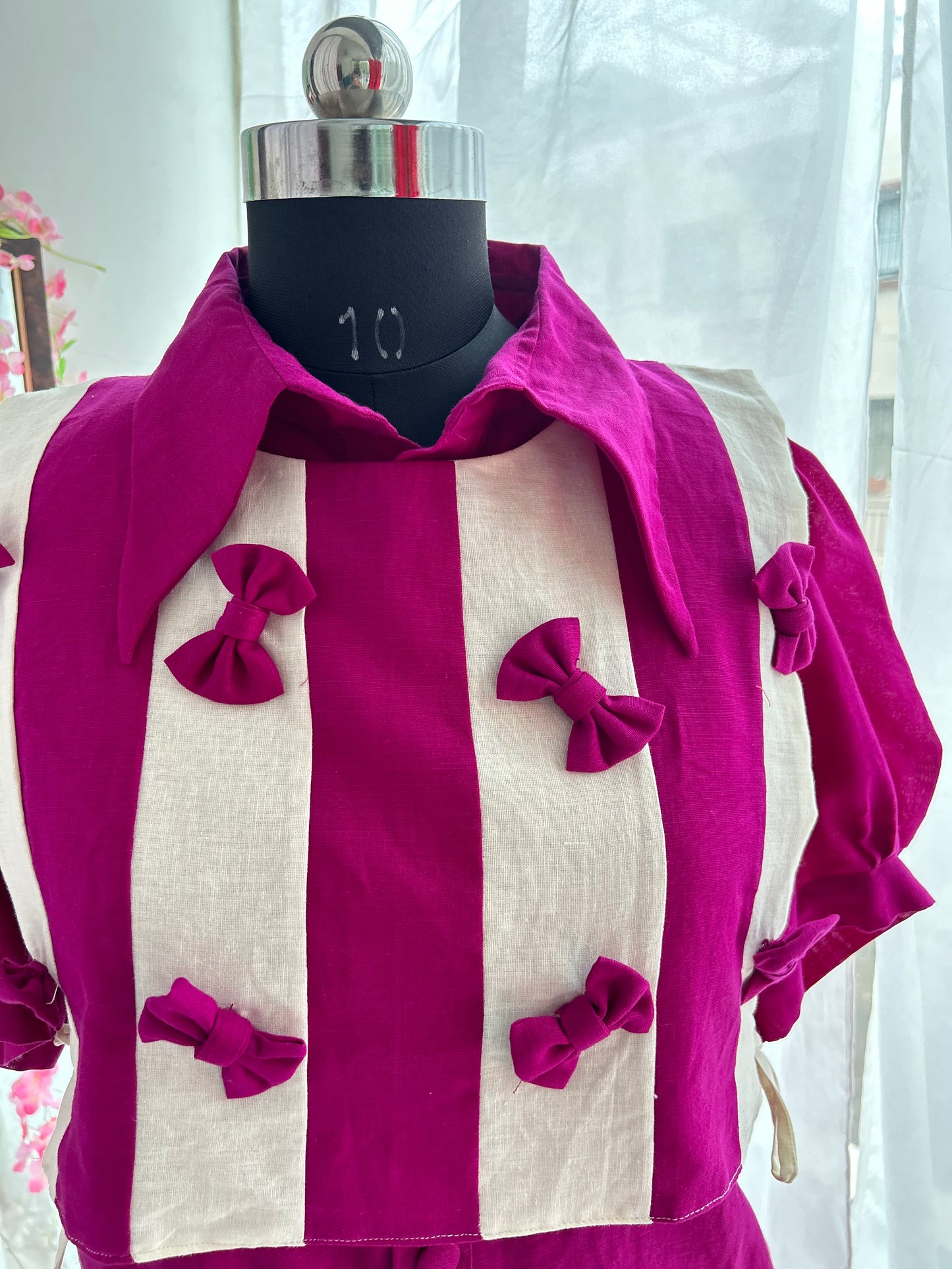 Purple Panelled Bow Vest Shirt Set