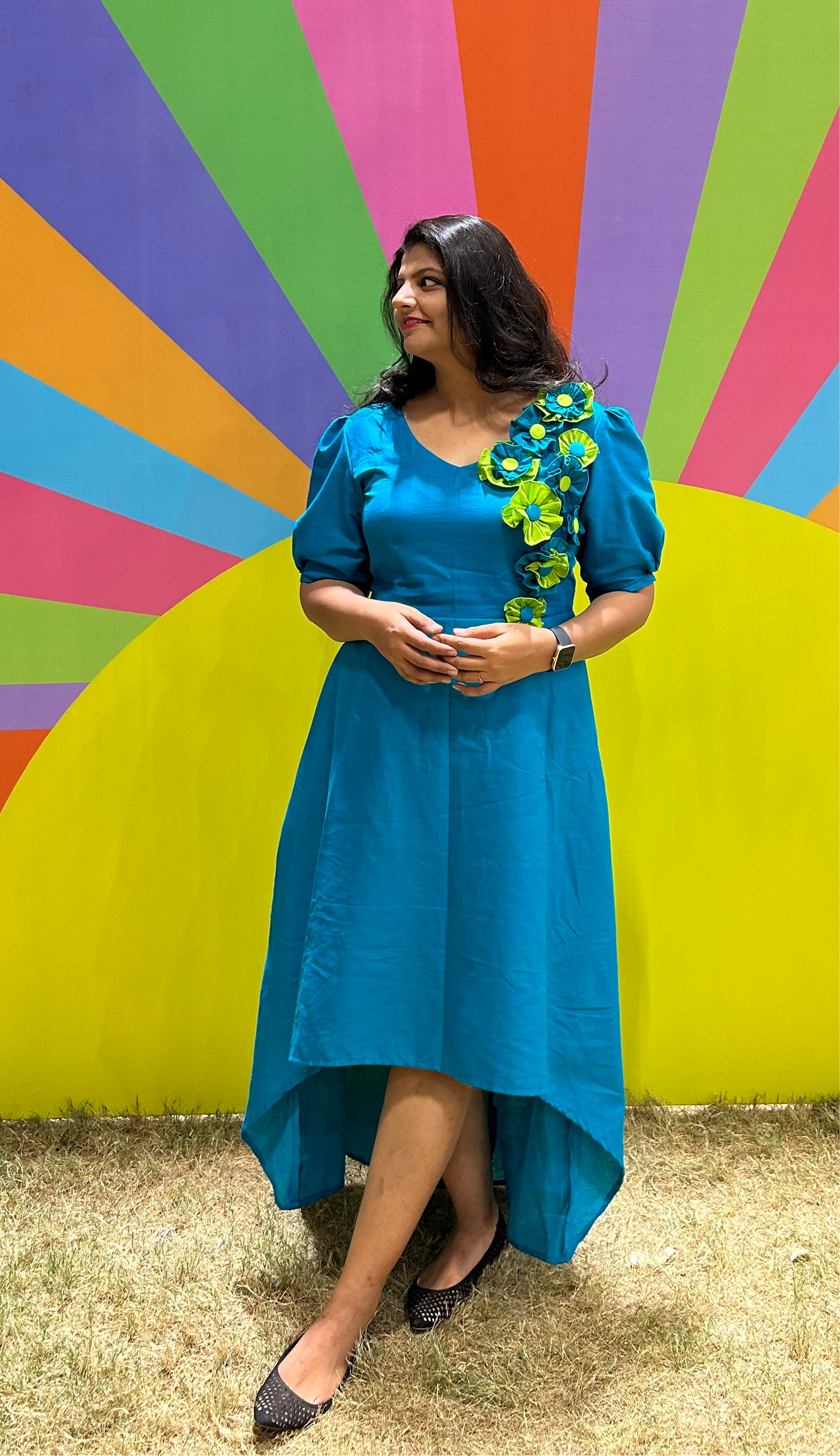 3D Floral Shreya Teal Blue High Low Dress