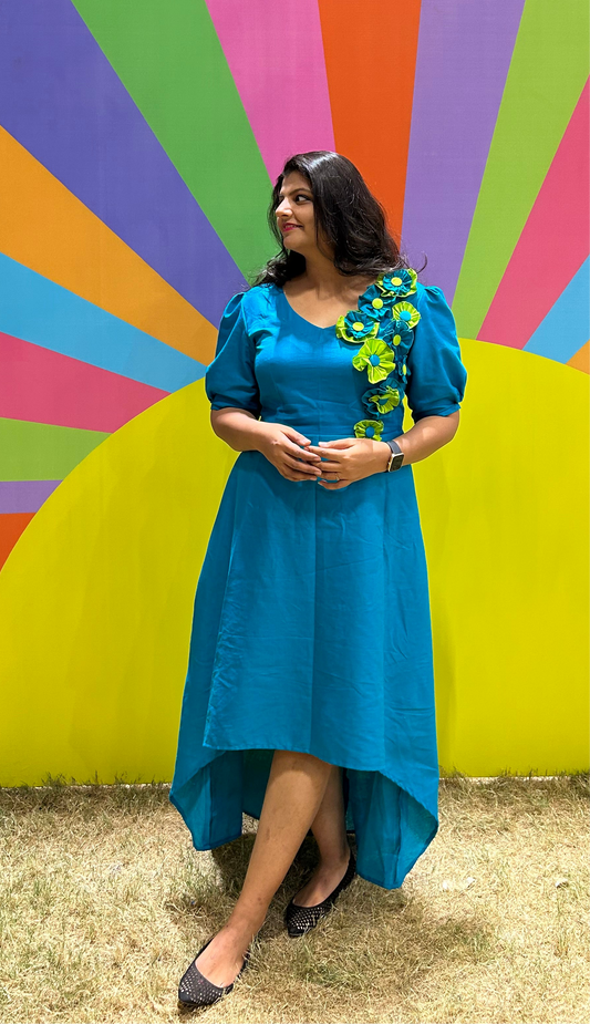 3D Floral Shreya Teal Blue High Low Dress