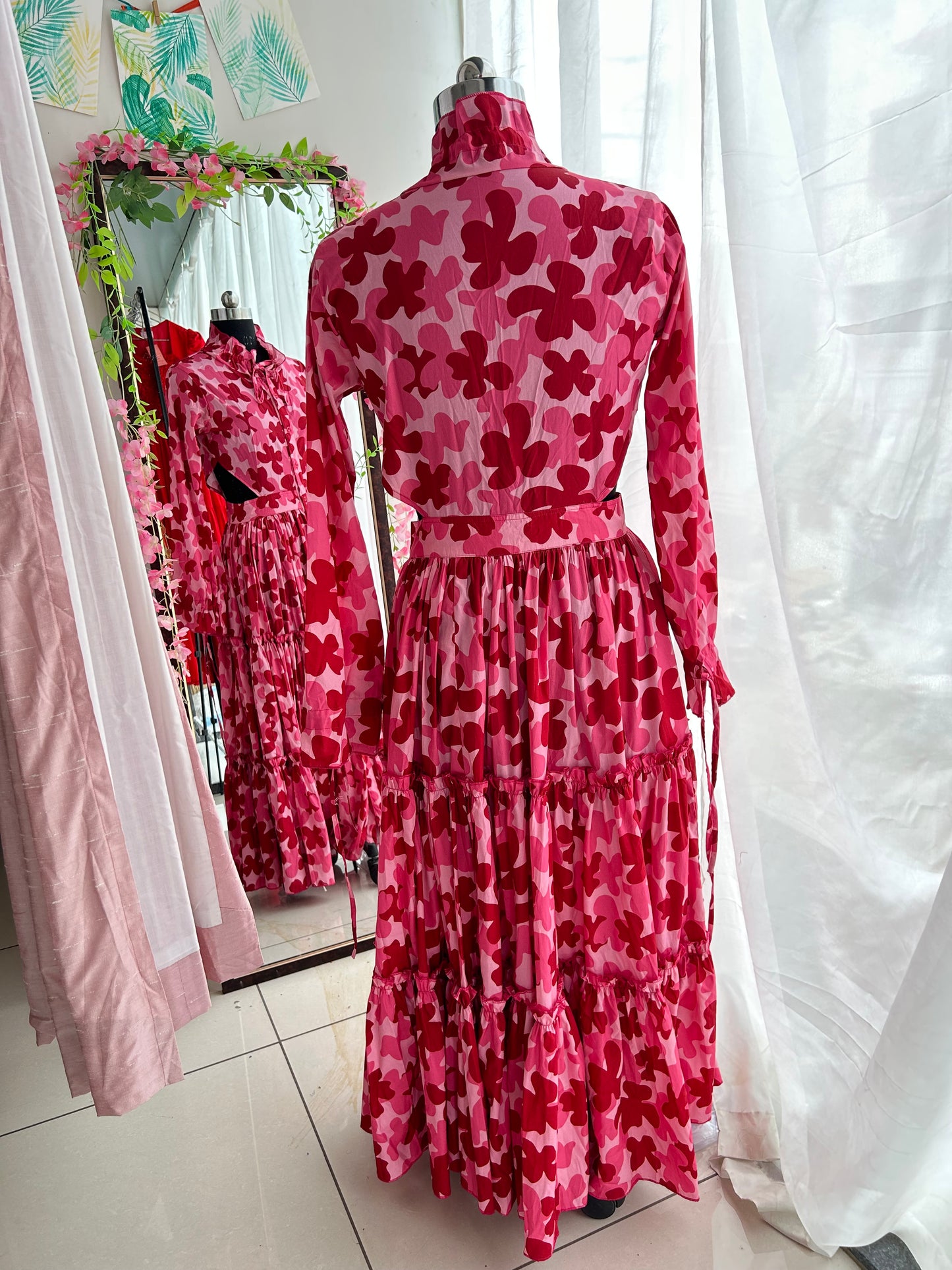 Pink Maroon Floral Shirt Dress
