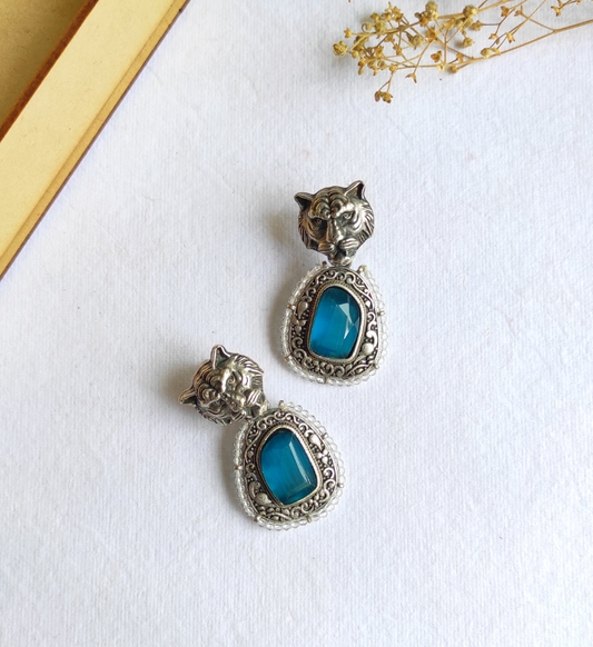 Blue panther silver lookalike earrings
