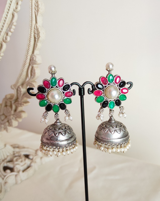 Colorful stones silver lookalike Jhumka