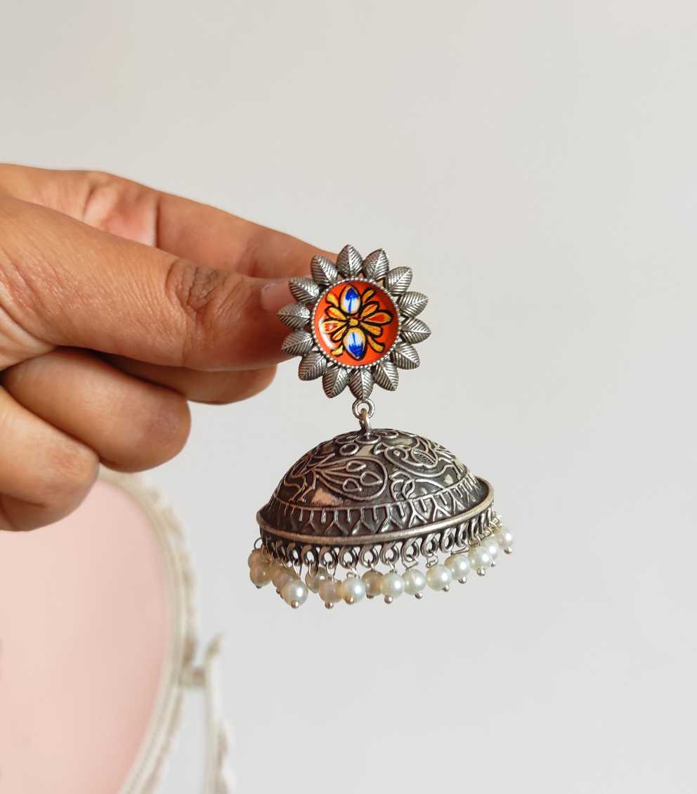 Orange handpainted silver lookalike Jhumka