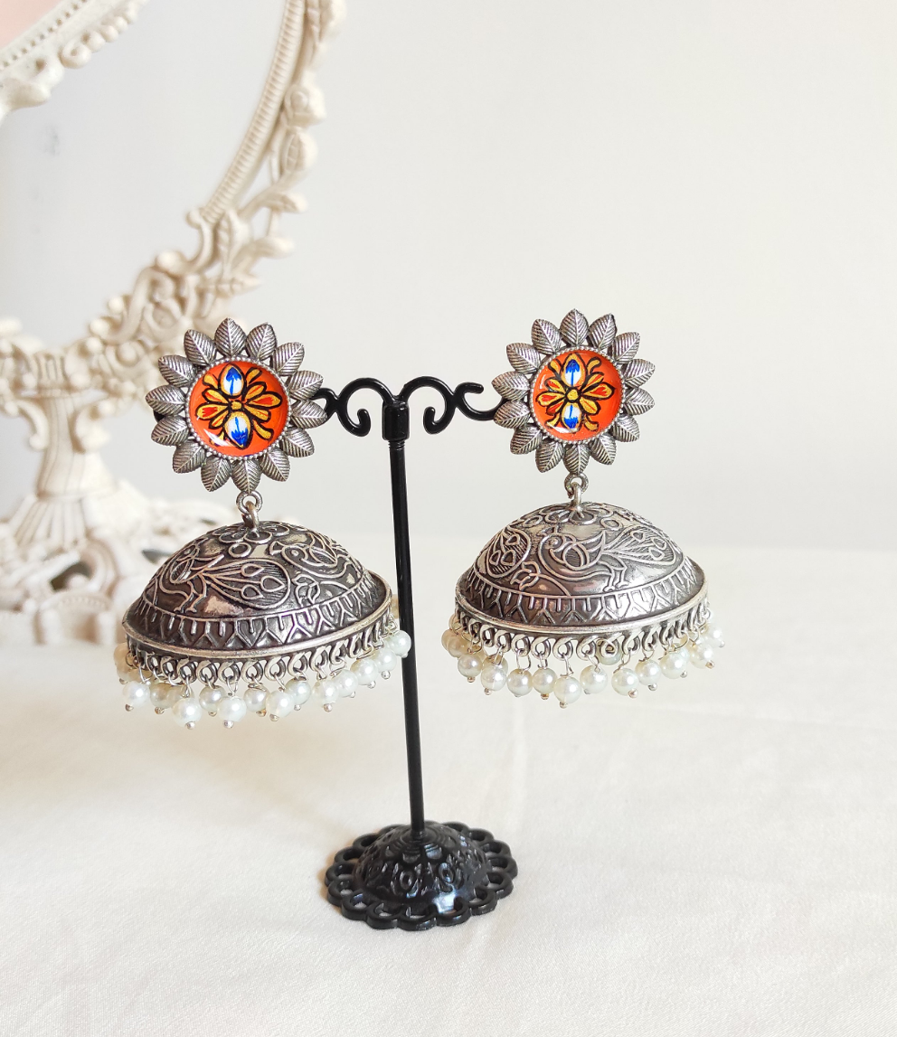 Orange handpainted silver lookalike Jhumka