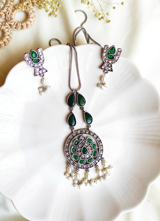 Sumedha green stones long chain necklace set