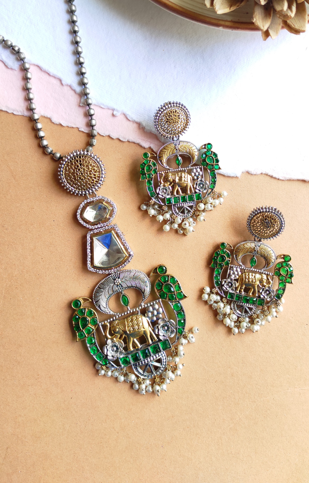 Devyani Moissanite green dual tone necklace