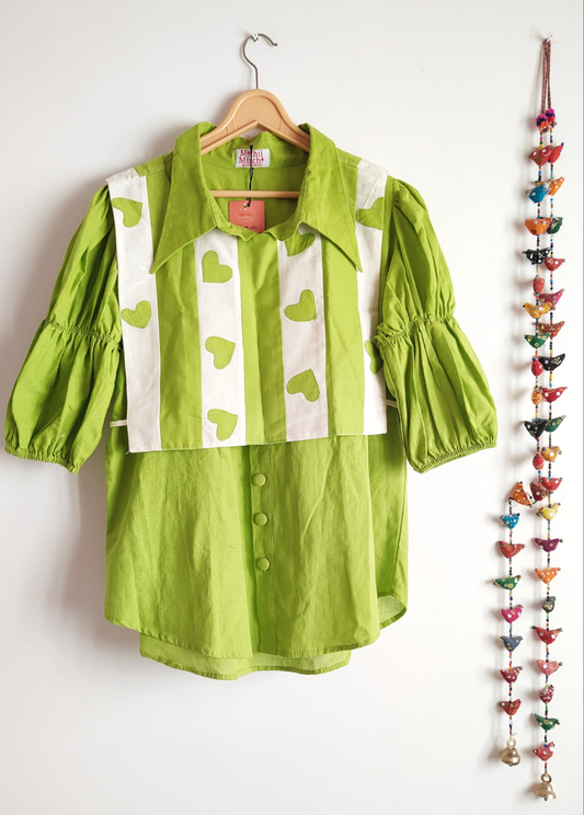 Green Heart Applique Vest Shirt Set
