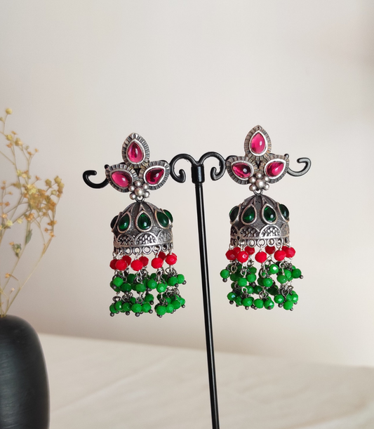 Green red beaded silver replica Jhumka