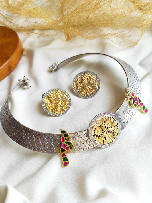 Peacock dual tone hasli necklace set