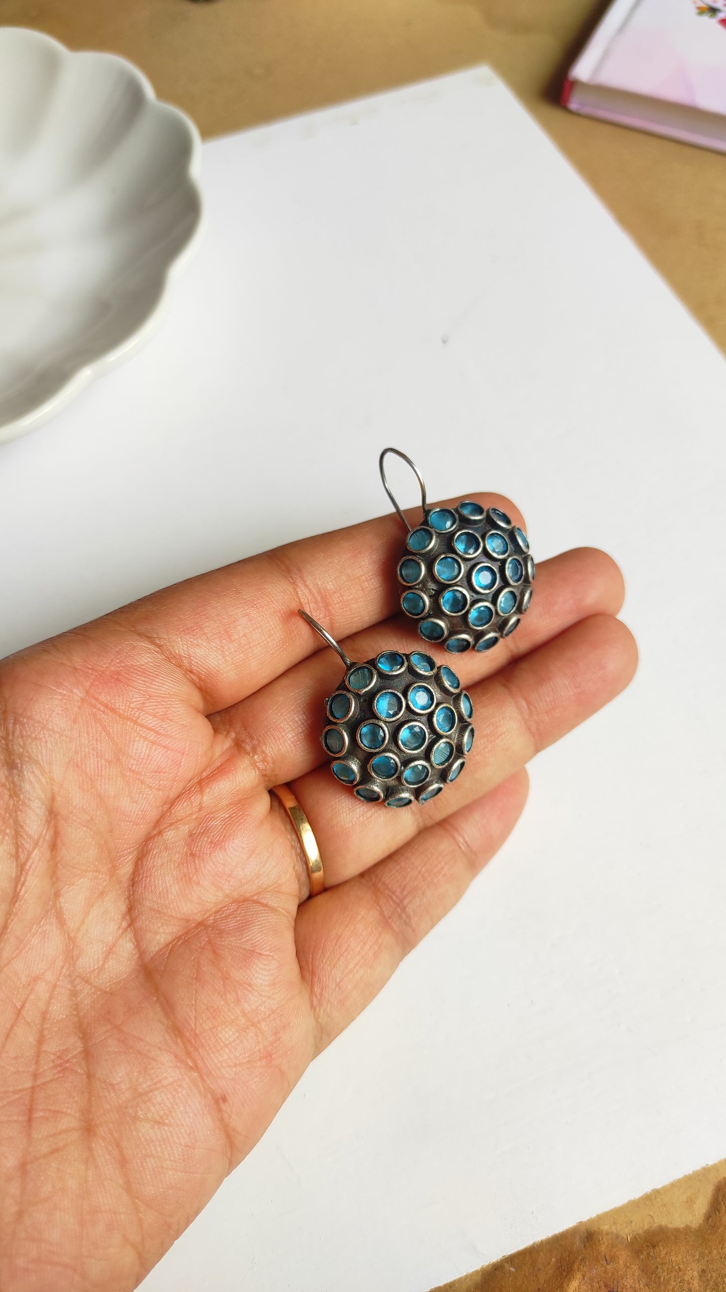 Stone studded silver lookalike hook earrings