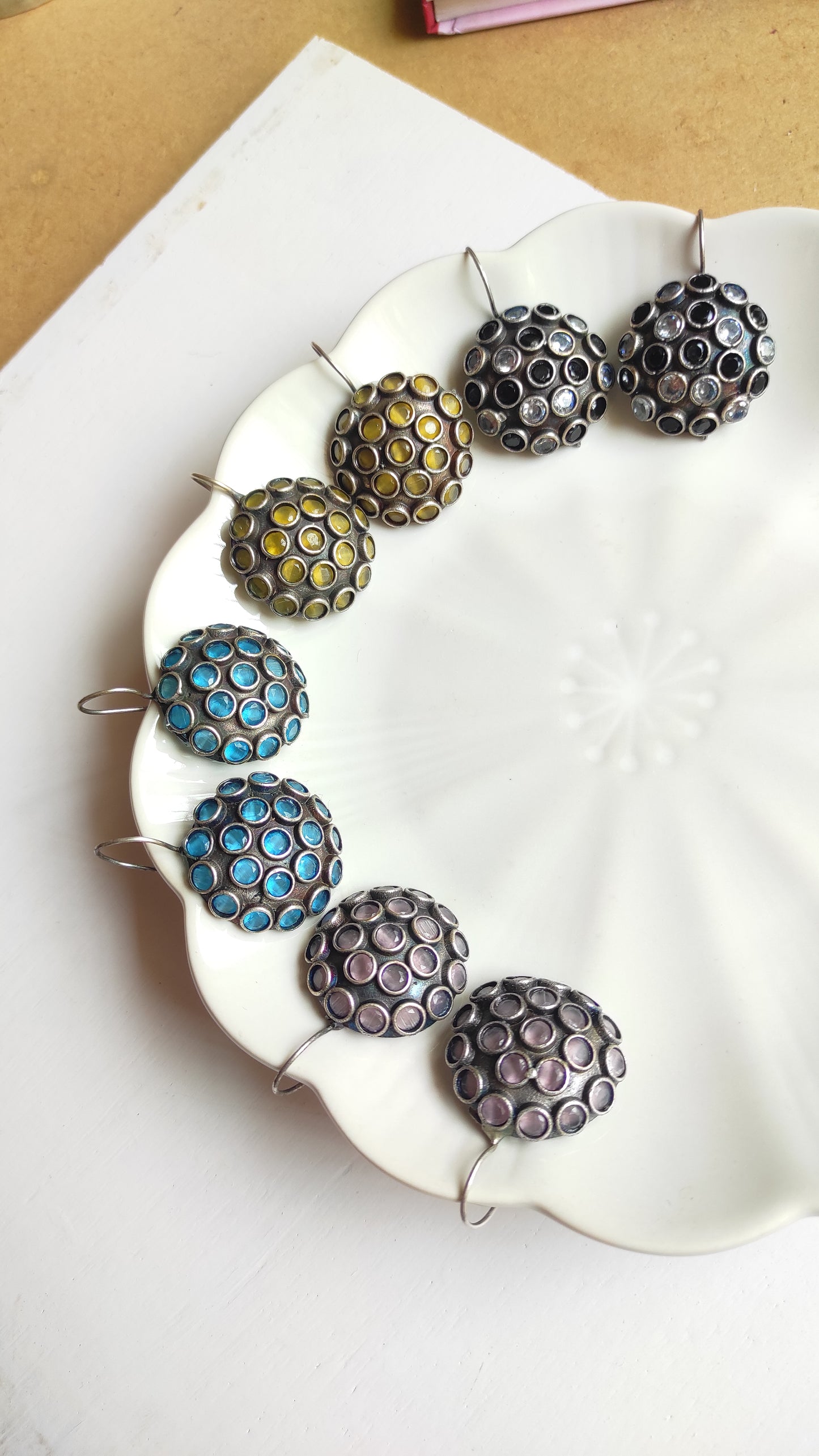 Stone studded silver lookalike hook earrings