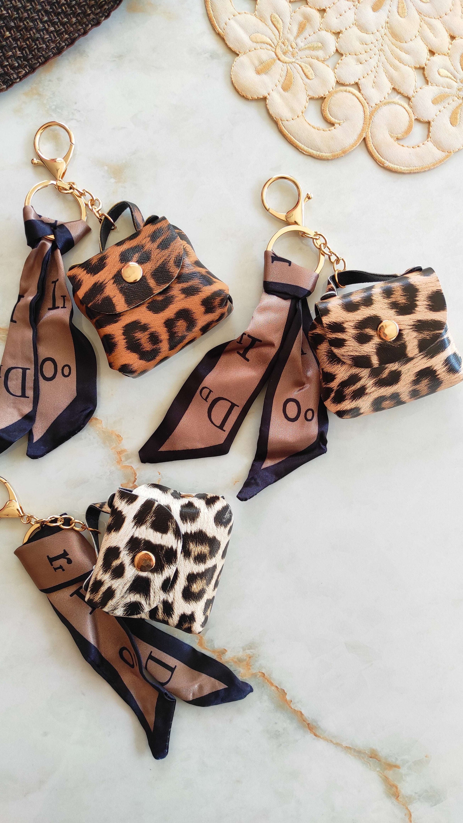 Animal (leopard) Print Bag Charm Key Chain (dark brown)
