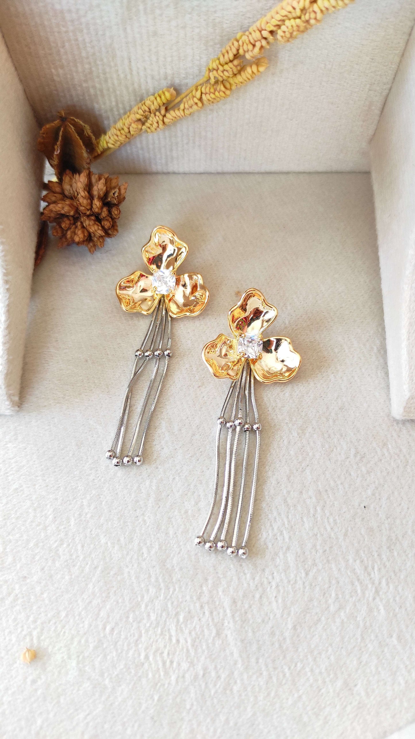 Golden Floral Studs with Silver hanging