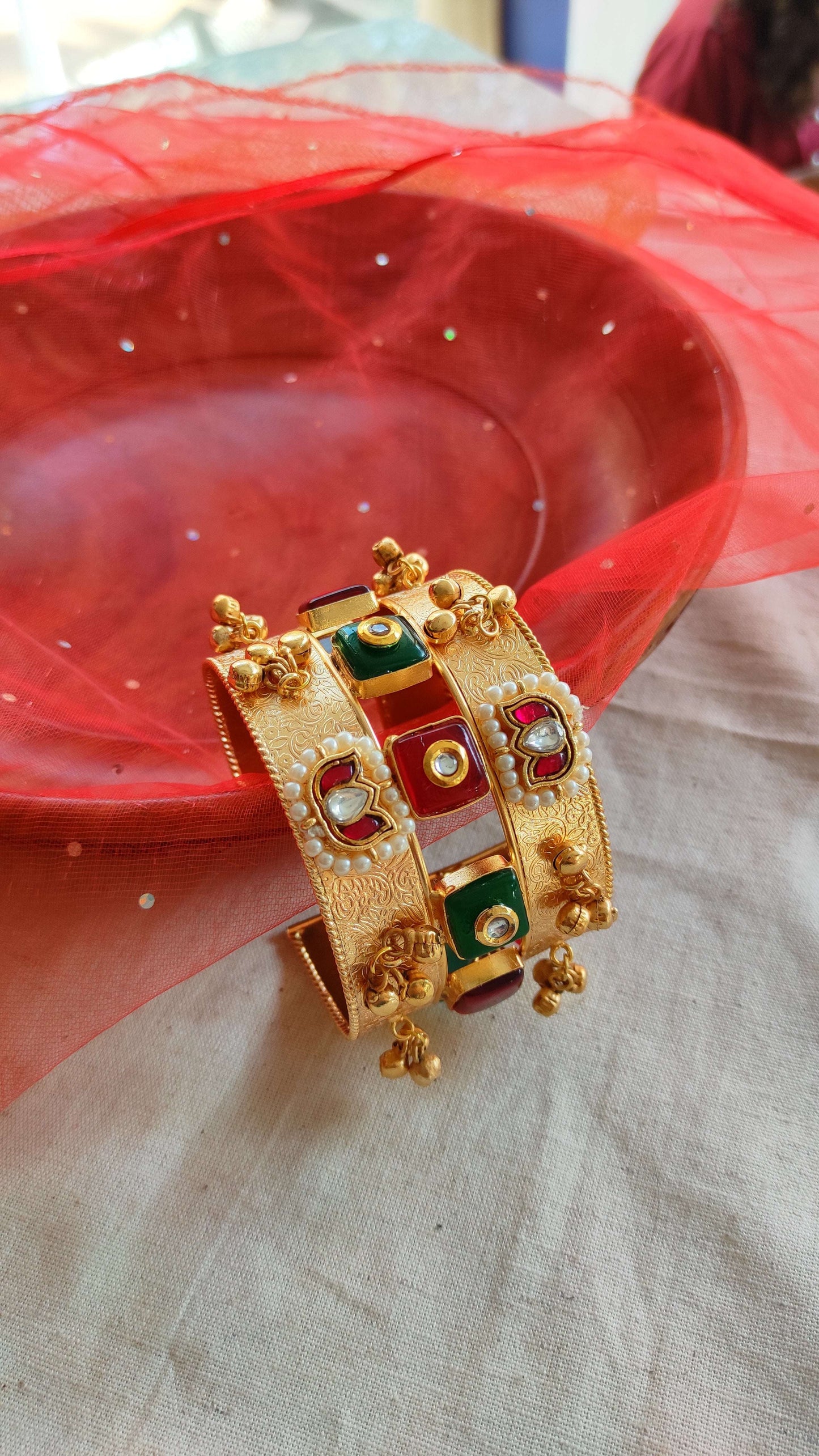 Pratigya kundan kada with ghunghru openable cuff bracelet