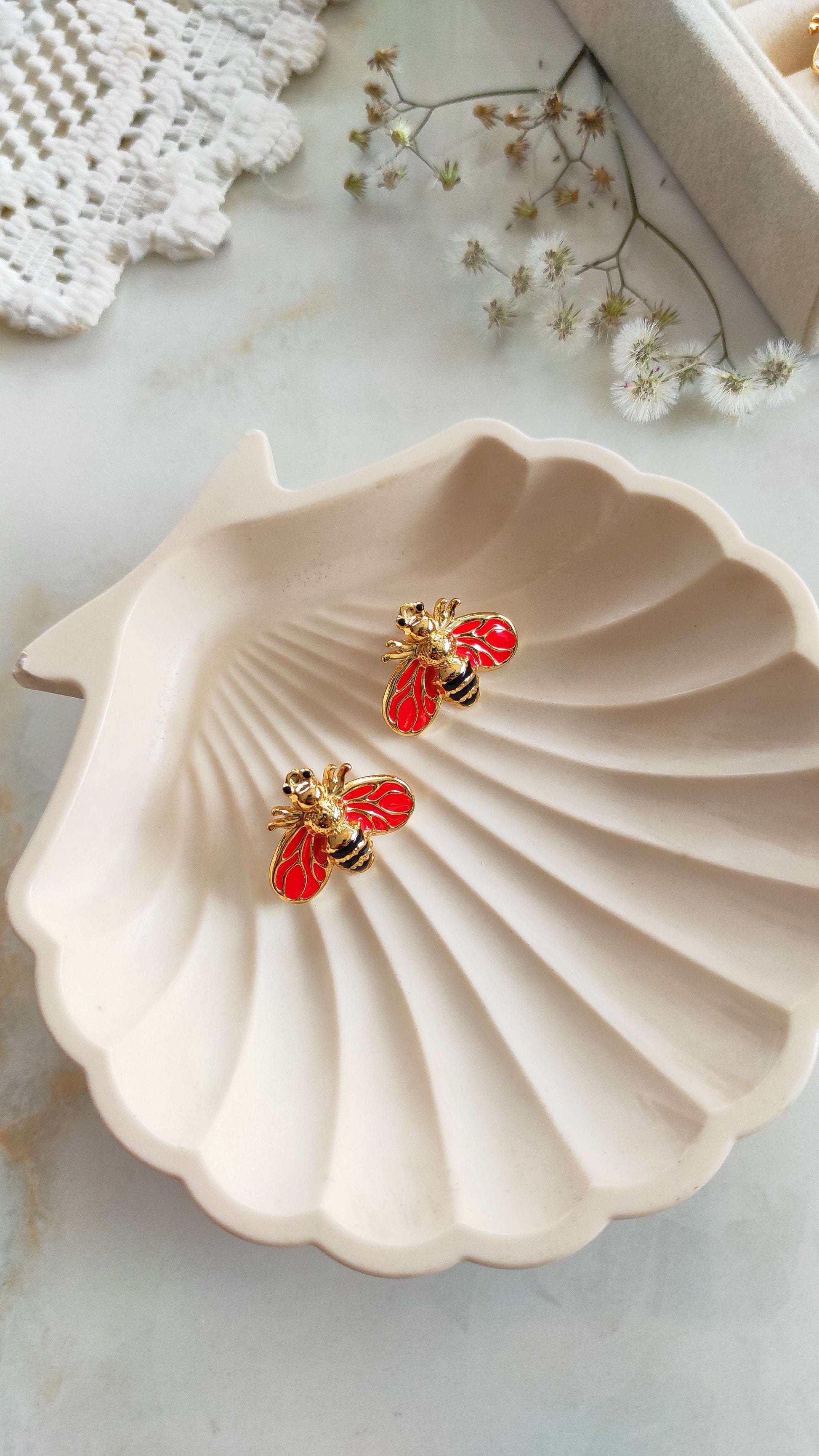 Enameled bee earrings