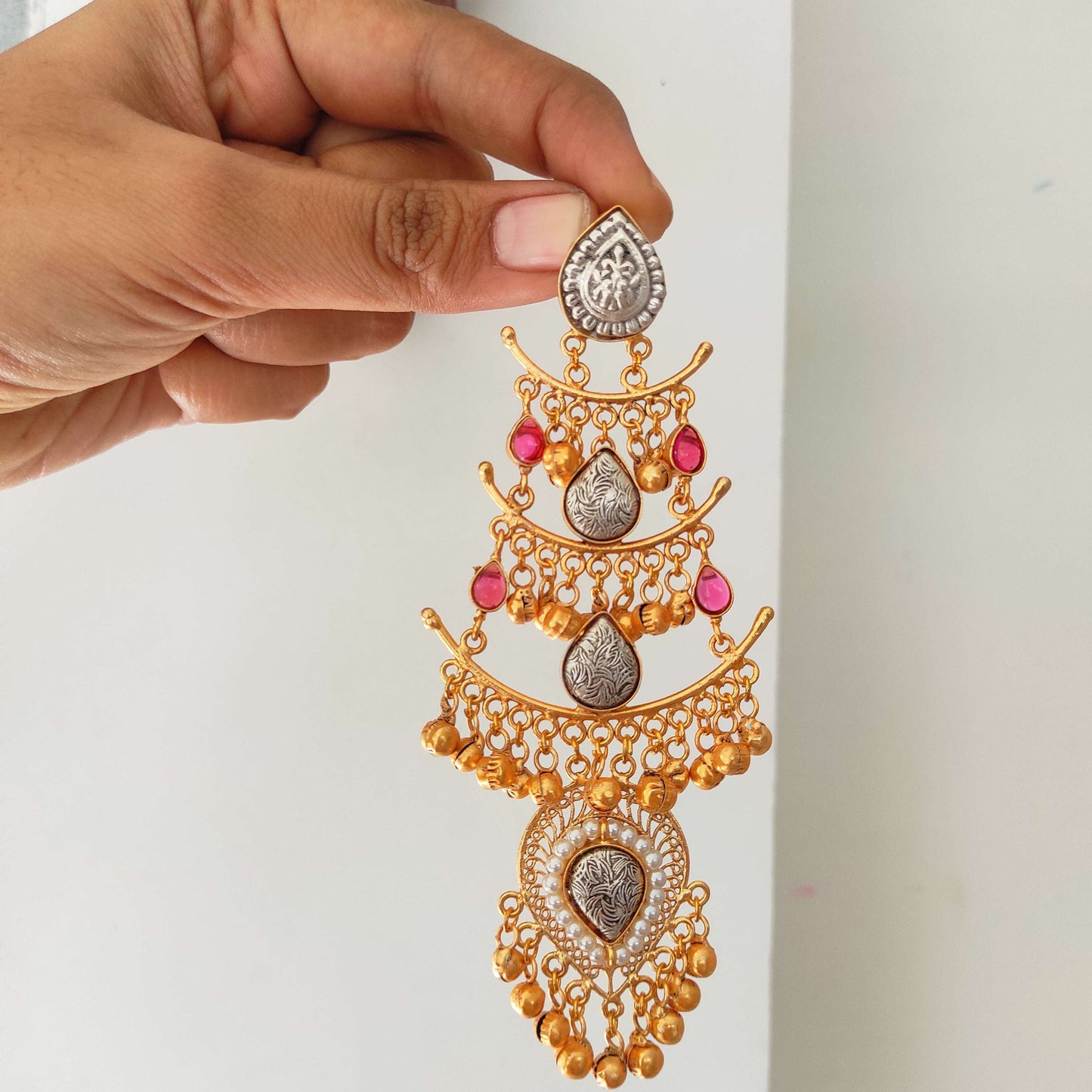 Chenab dualtone long kashmiri earrings with ghunghru