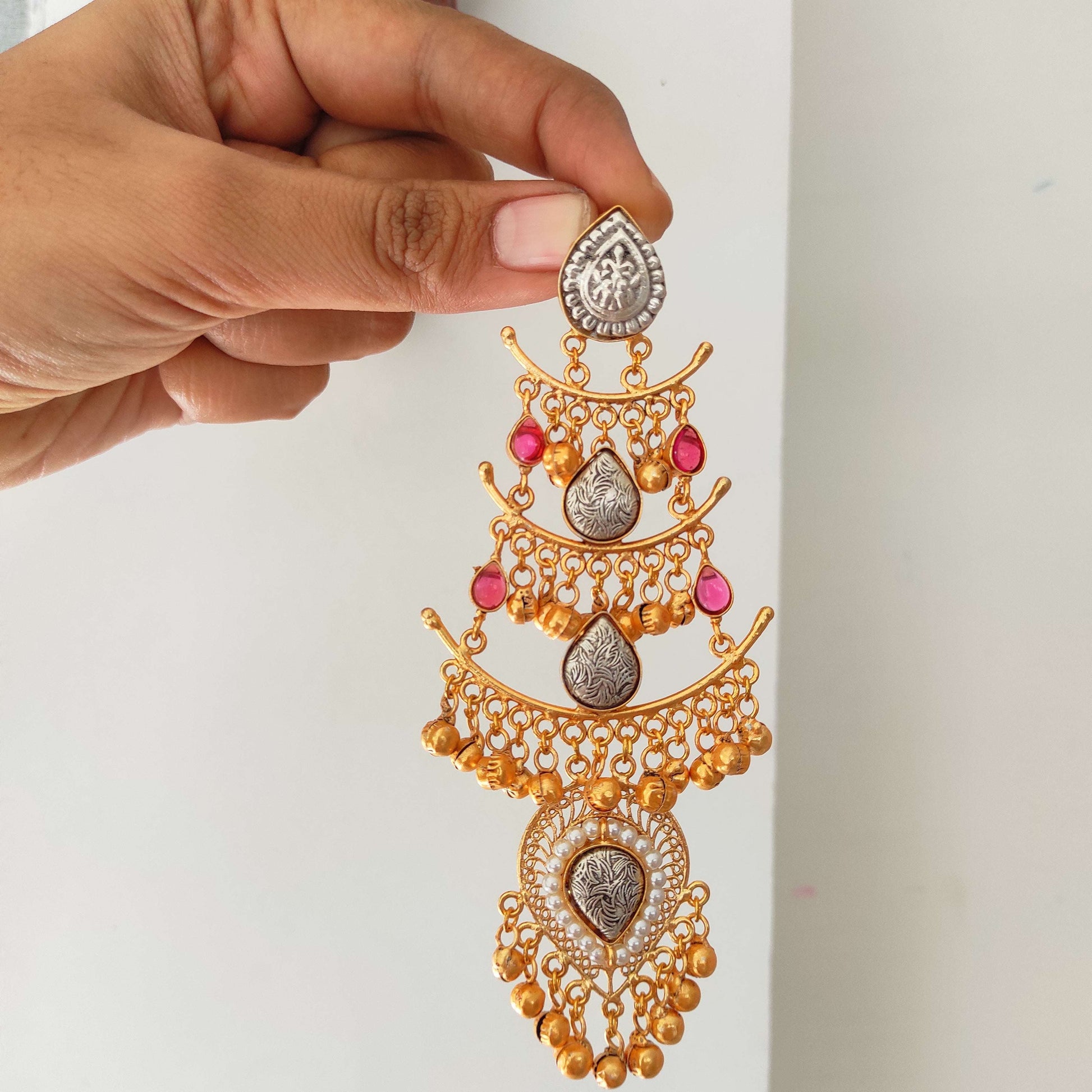 Chenab dualtone long kashmiri earrings with ghunghru