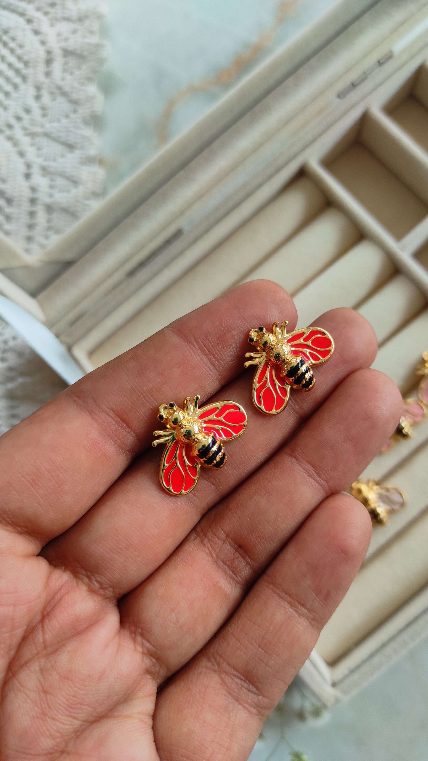 Enameled bee earrings