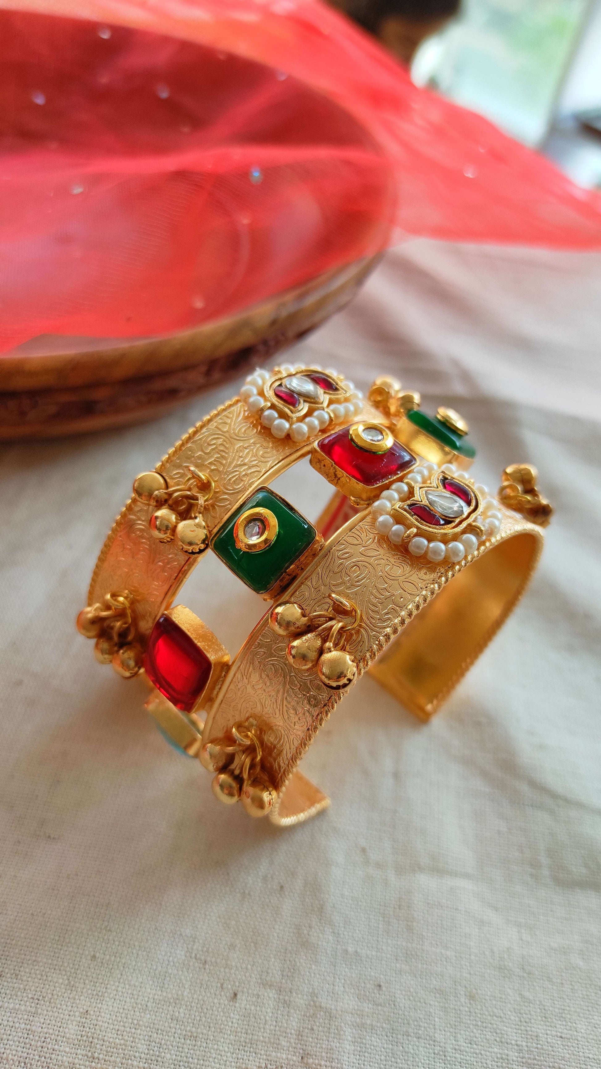 Pratigya kundan kada with ghunghru openable cuff bracelet