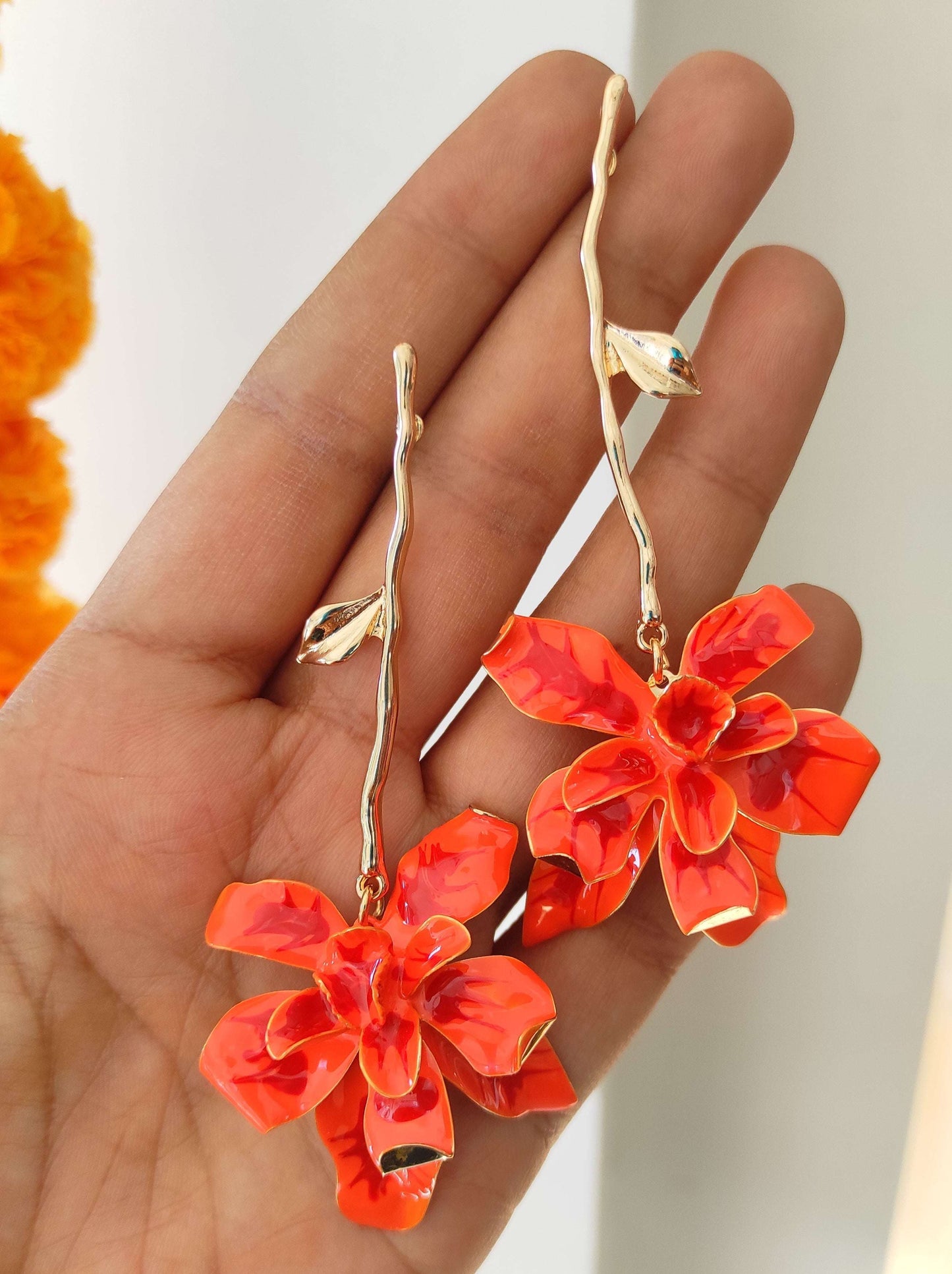 Orange hanging flower earrings