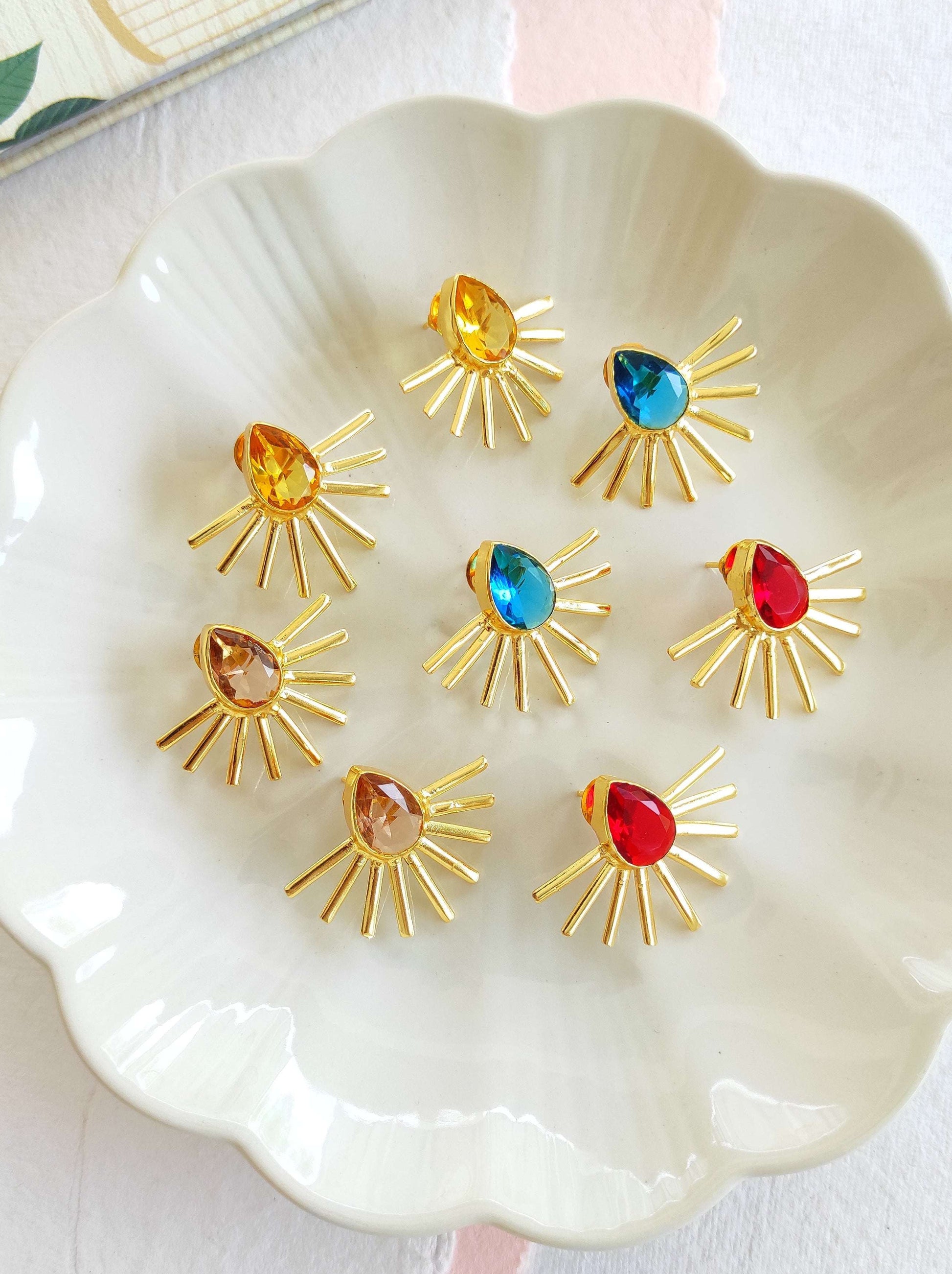 Golden spike studs earrings with premium glass stones