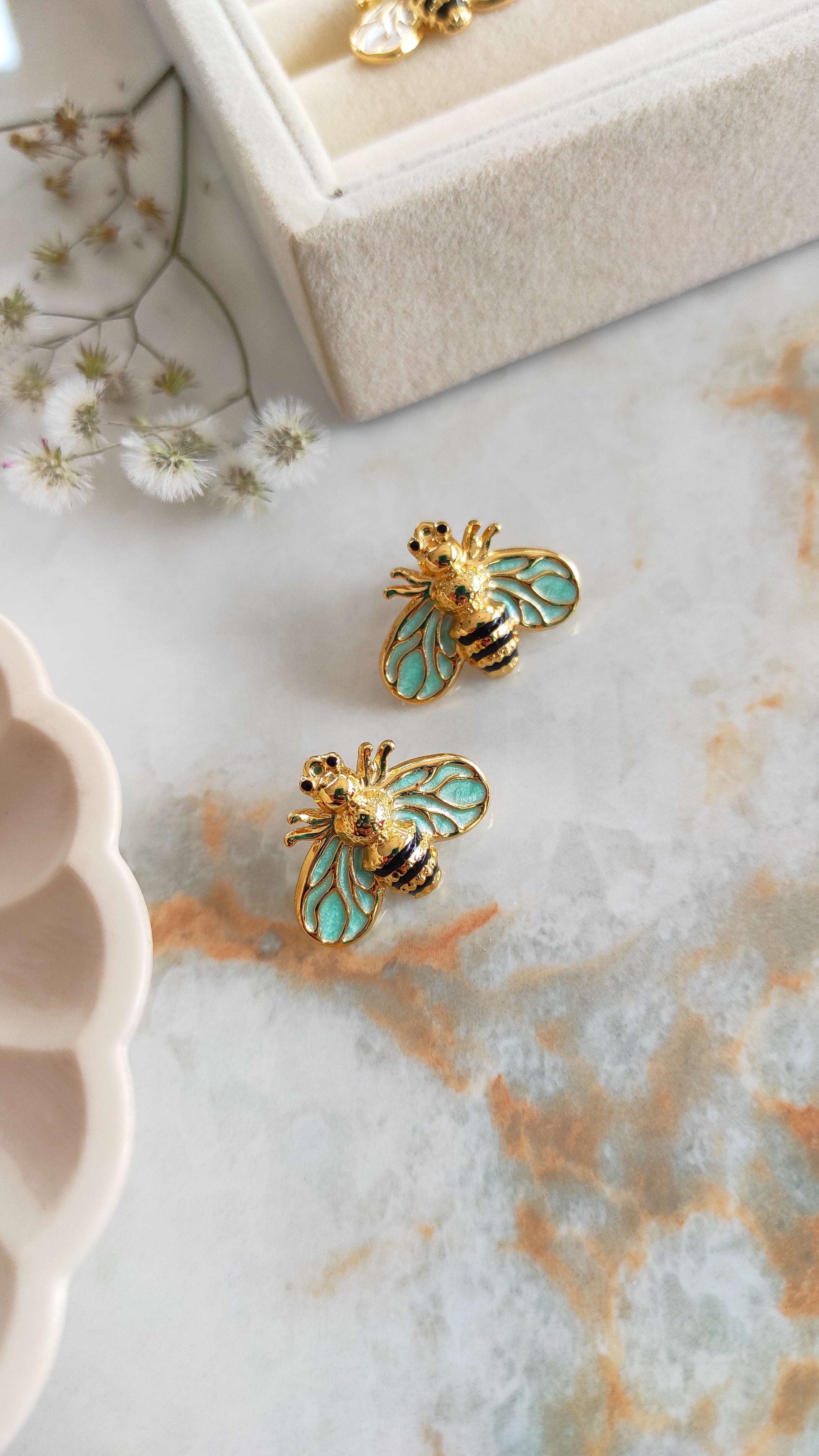 Enameled bee earrings