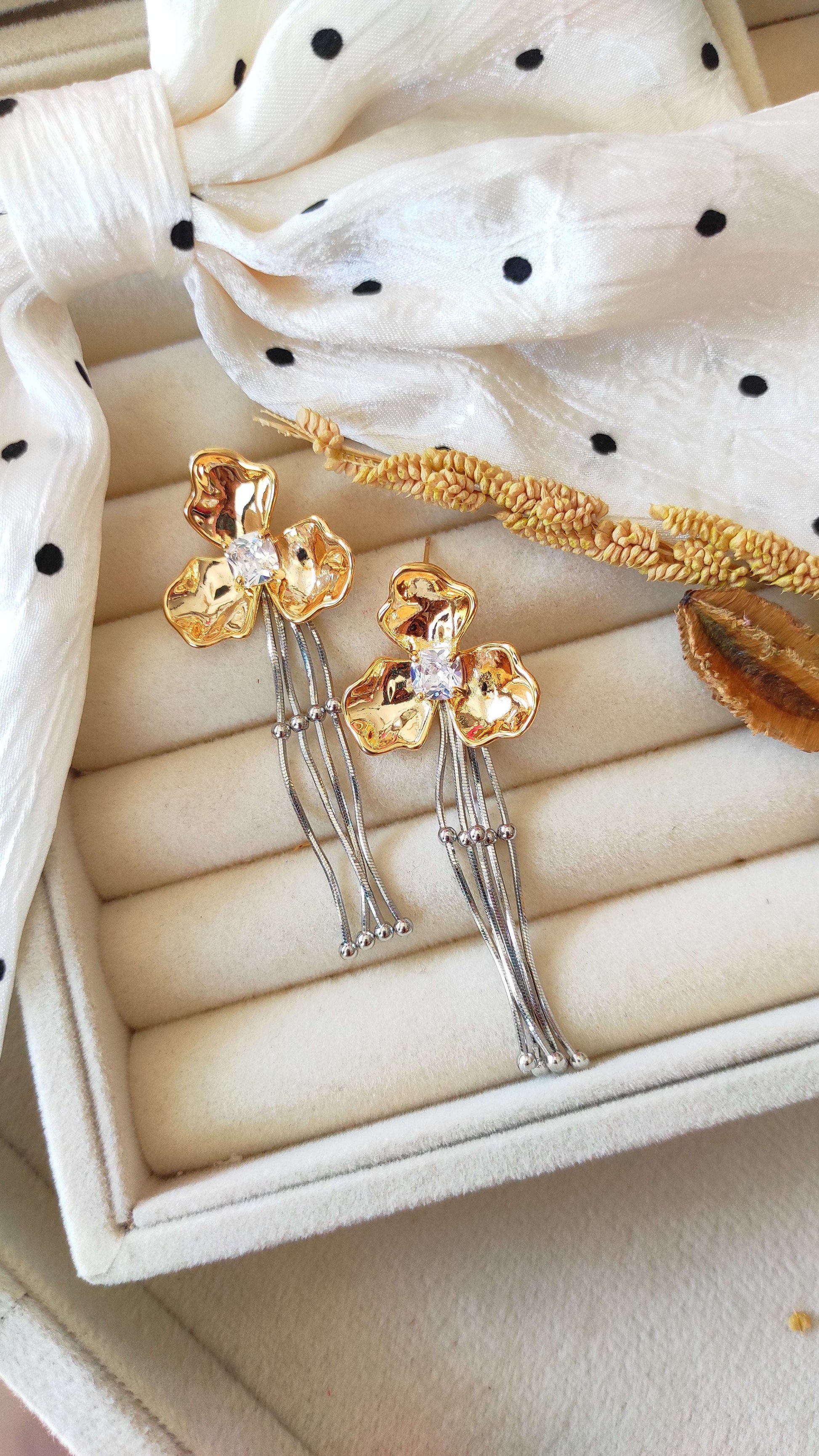 Golden Floral Studs with Silver hanging