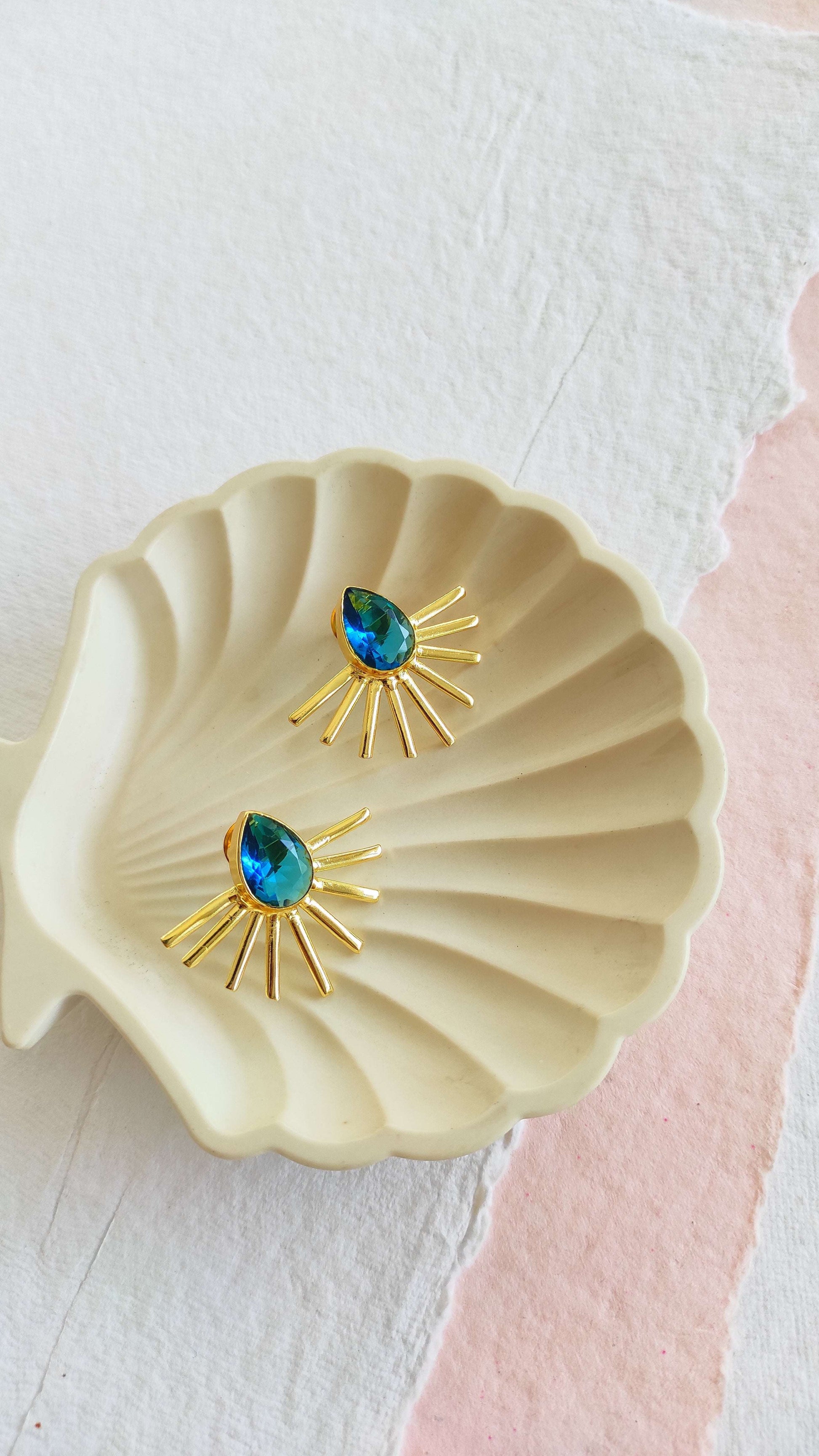 Golden spike studs earrings with premium glass stones