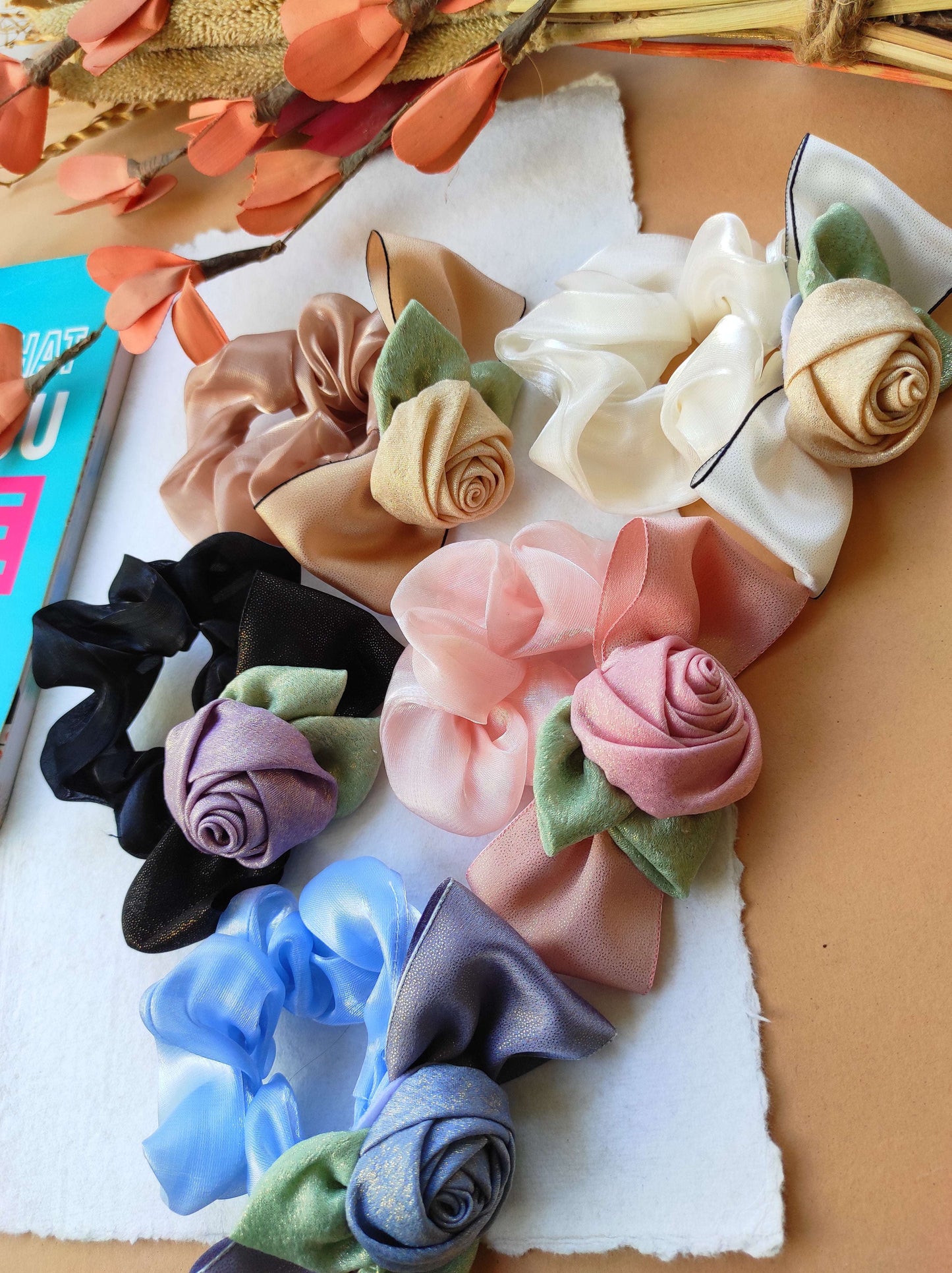 Shimmery rose handmade scrunchy