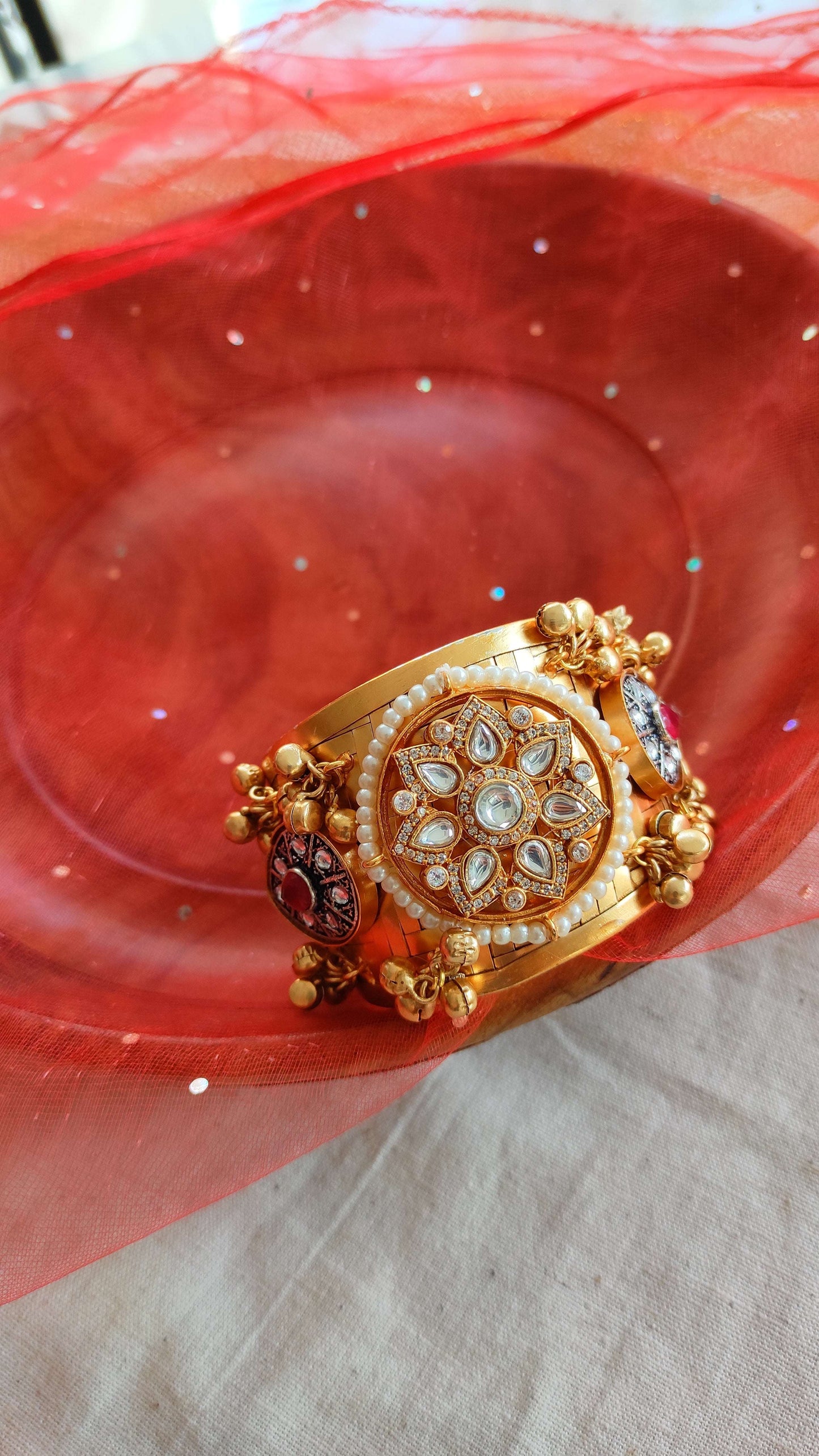 Rajsee kundan kada with ghunghru cuff bracelet