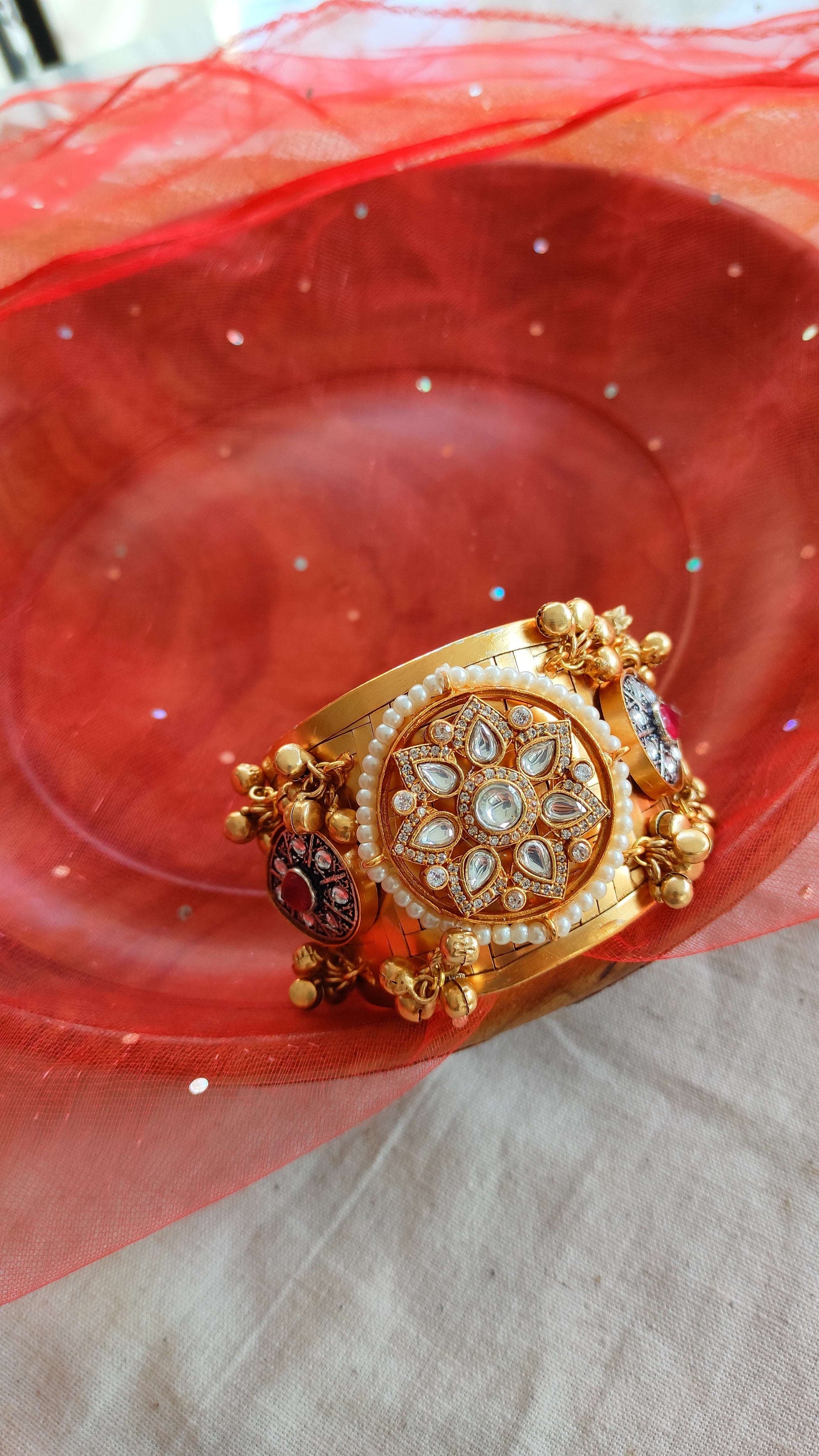 Rajsee kundan kada with ghunghru cuff bracelet
