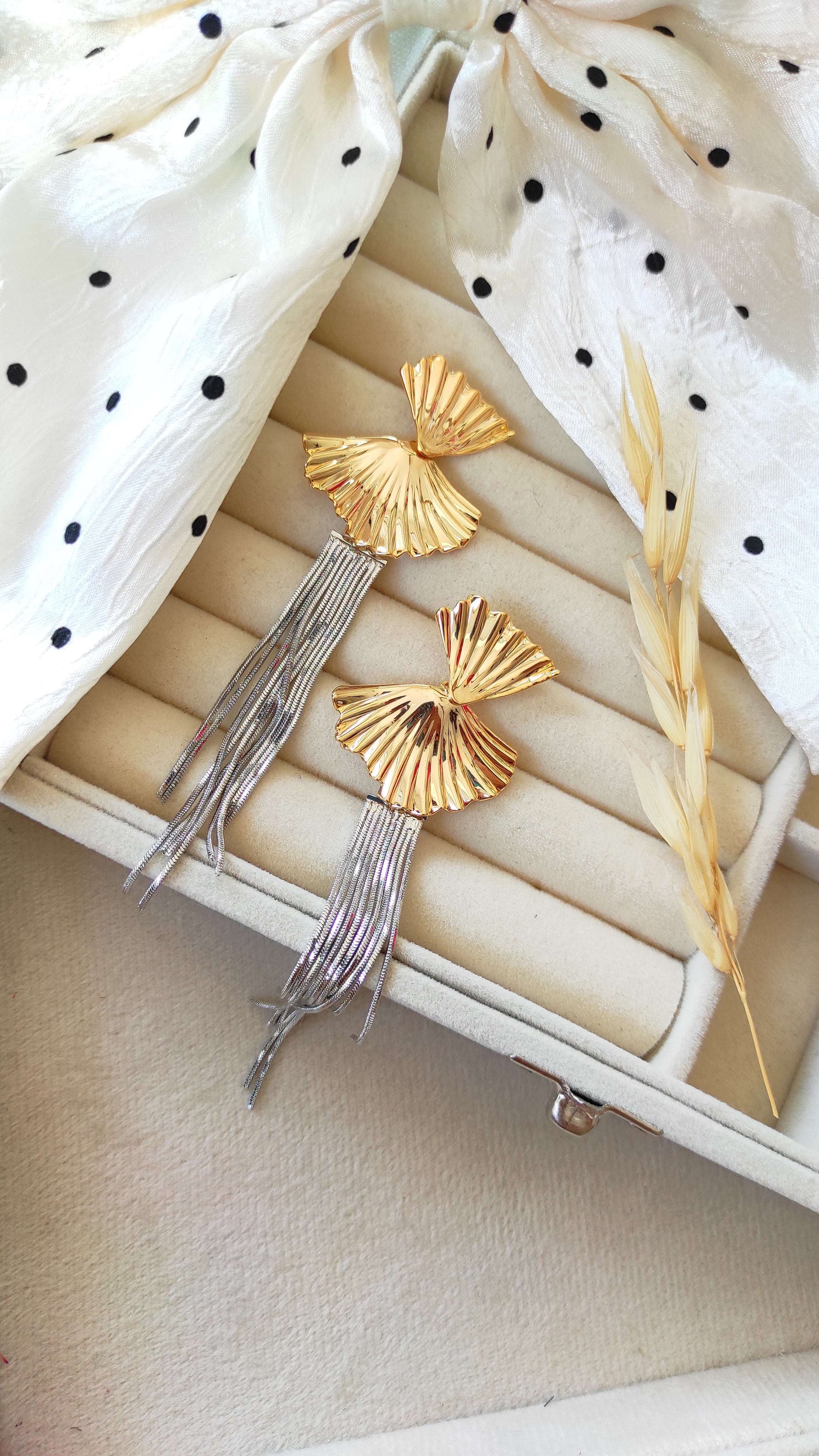 Golden Leafy Studs with Silver hanging