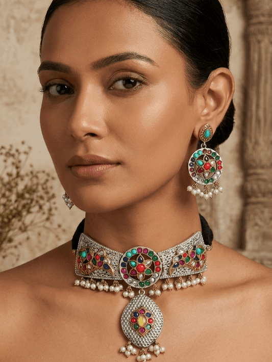 Pernia choker set in navratna colors