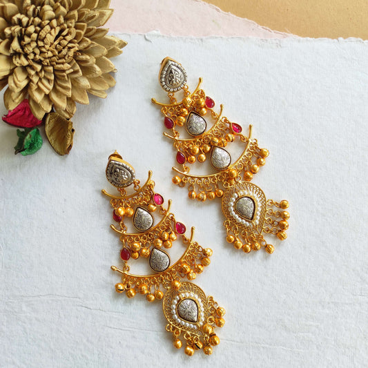 Chenab dualtone long kashmiri earrings with ghunghru