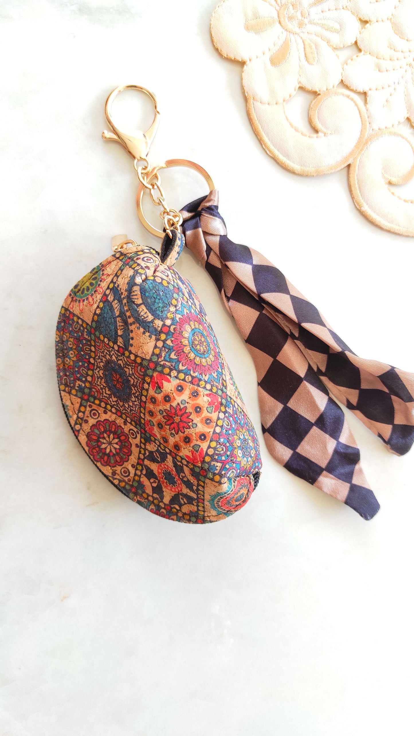 Neutral Floral Bag Charm Key Chain 003