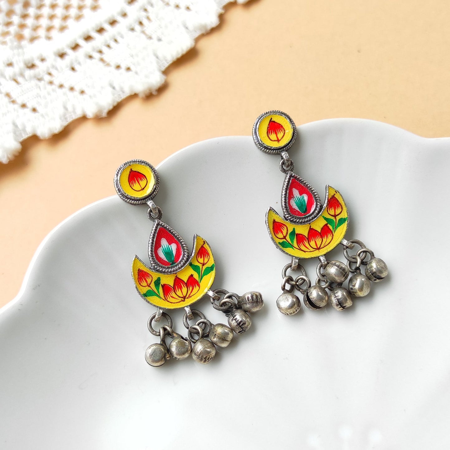 Jhilmil hand painted ghunghru silver replica earrings