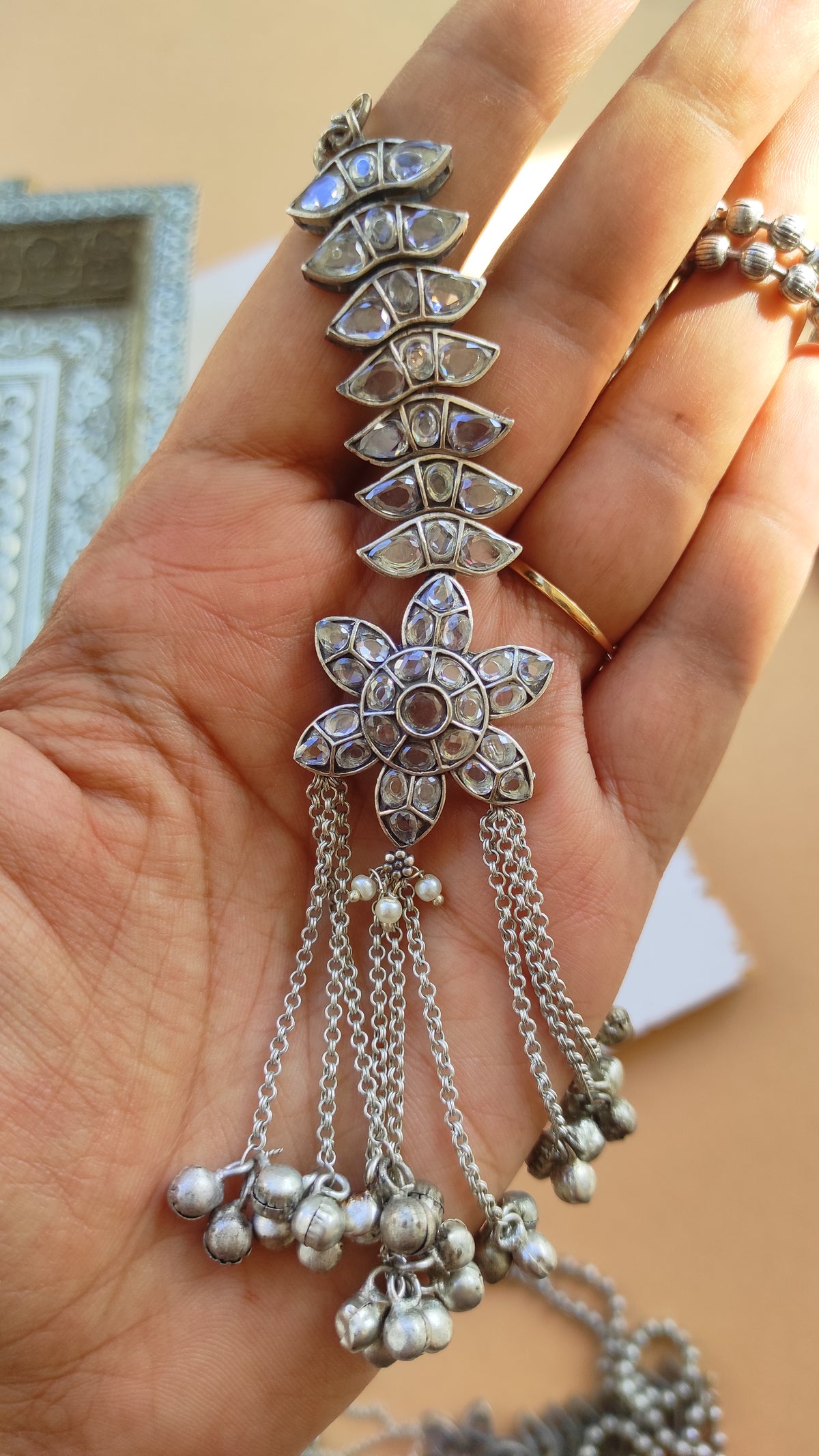 Labdhi stone studded long chain pendant