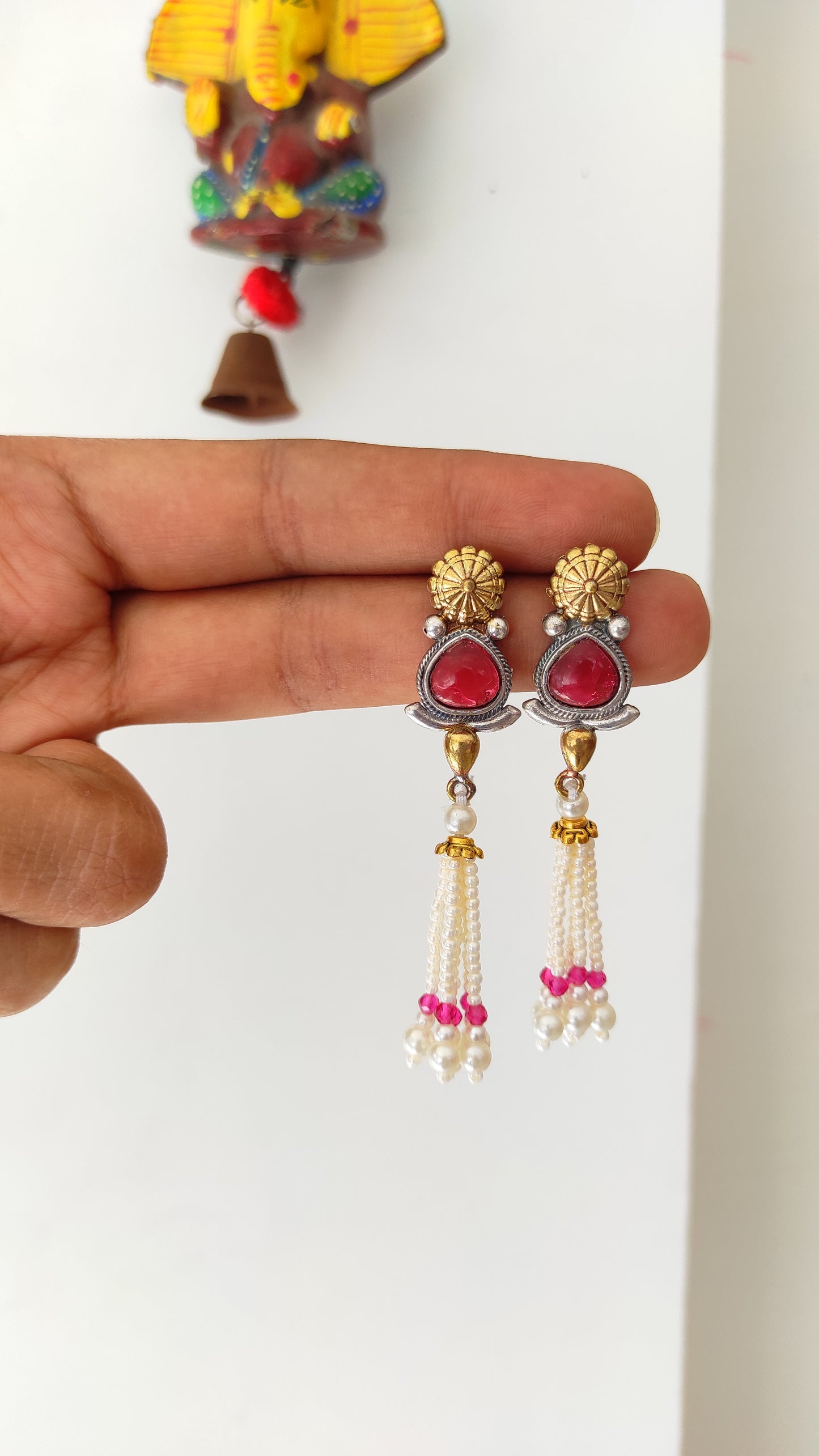 Beaded tassels dual tone long earrings