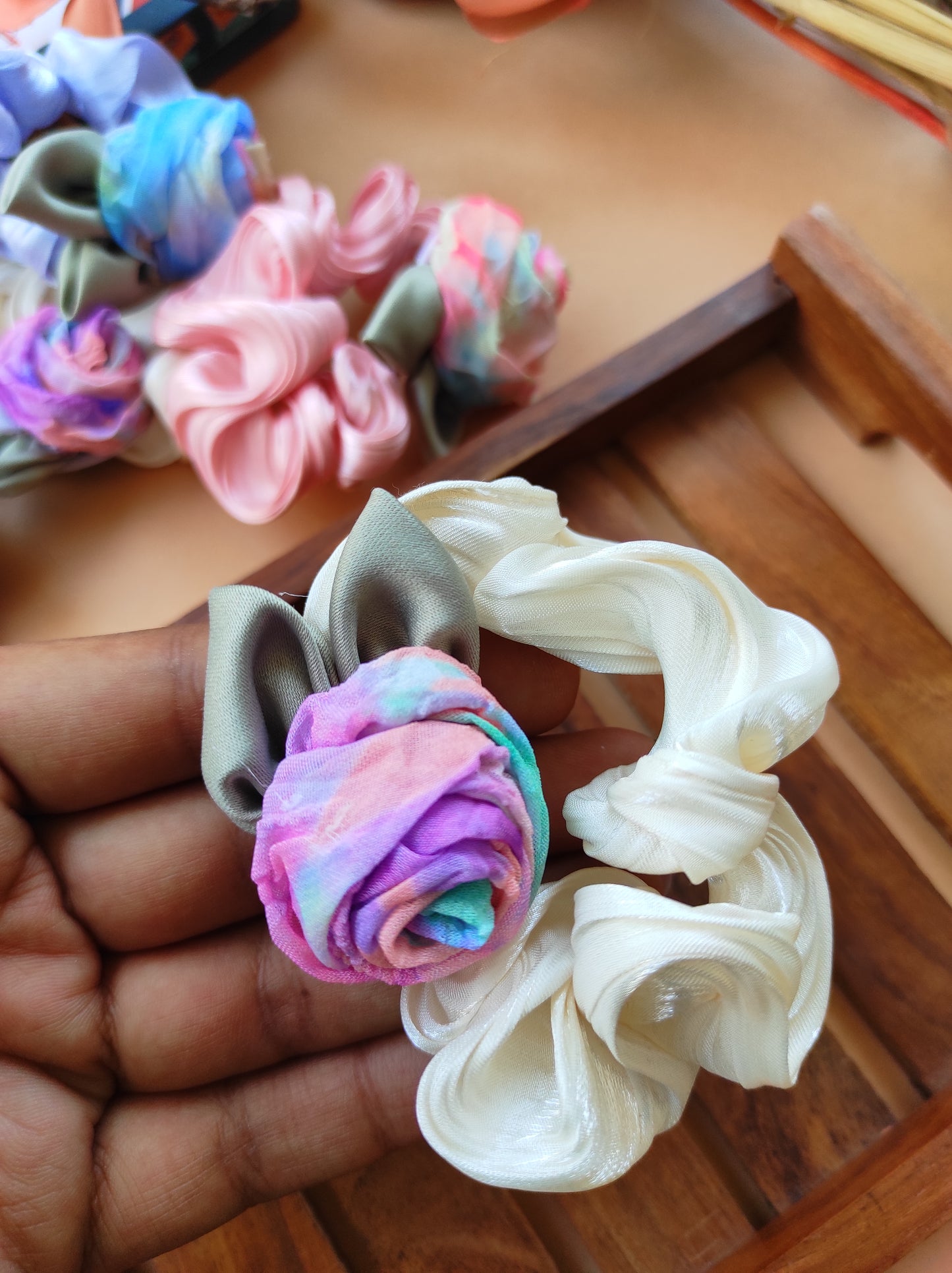 Rosy handmade satin scrunchy