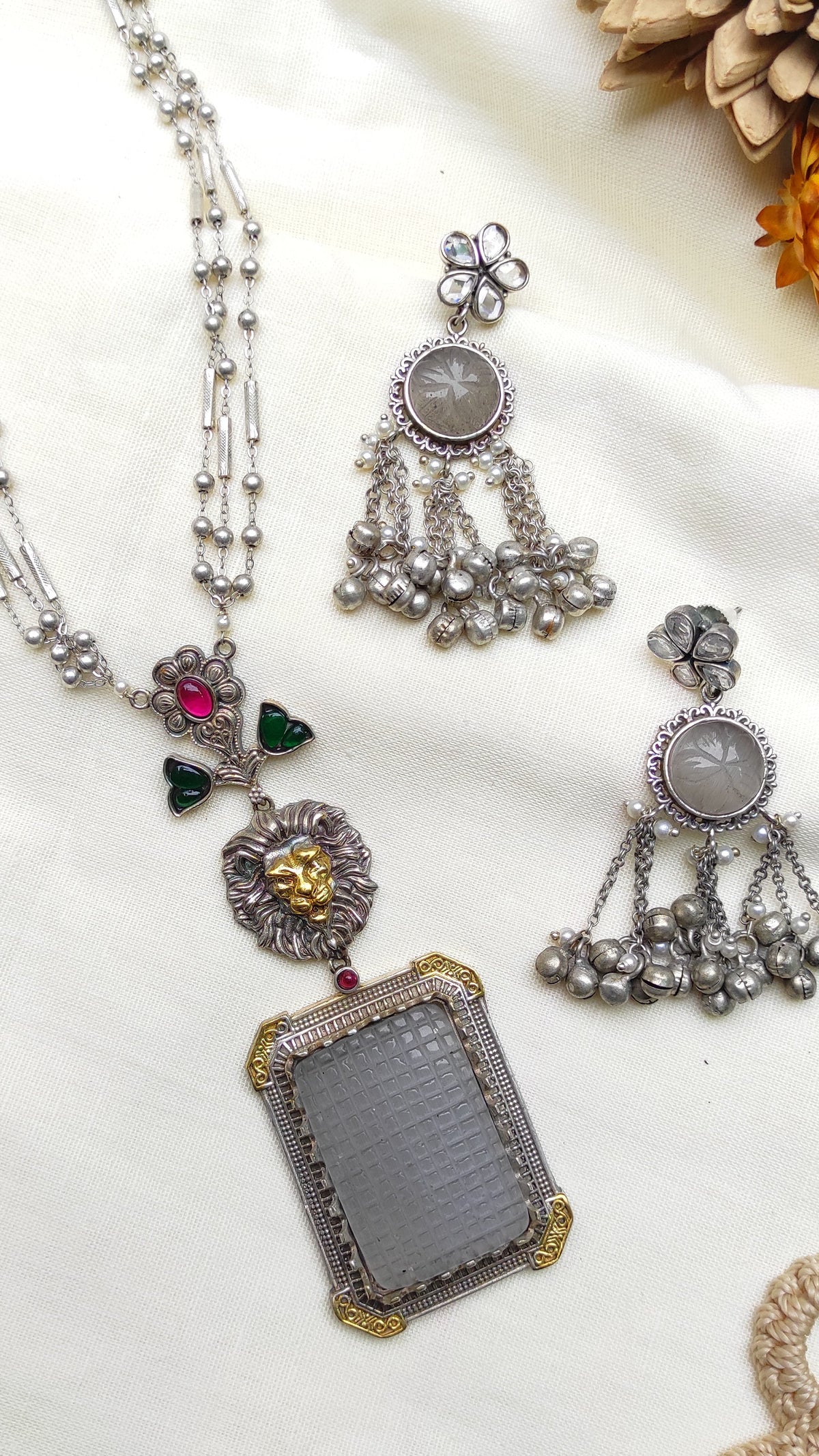 Veera long statement pendant with multi layer chain and earrings