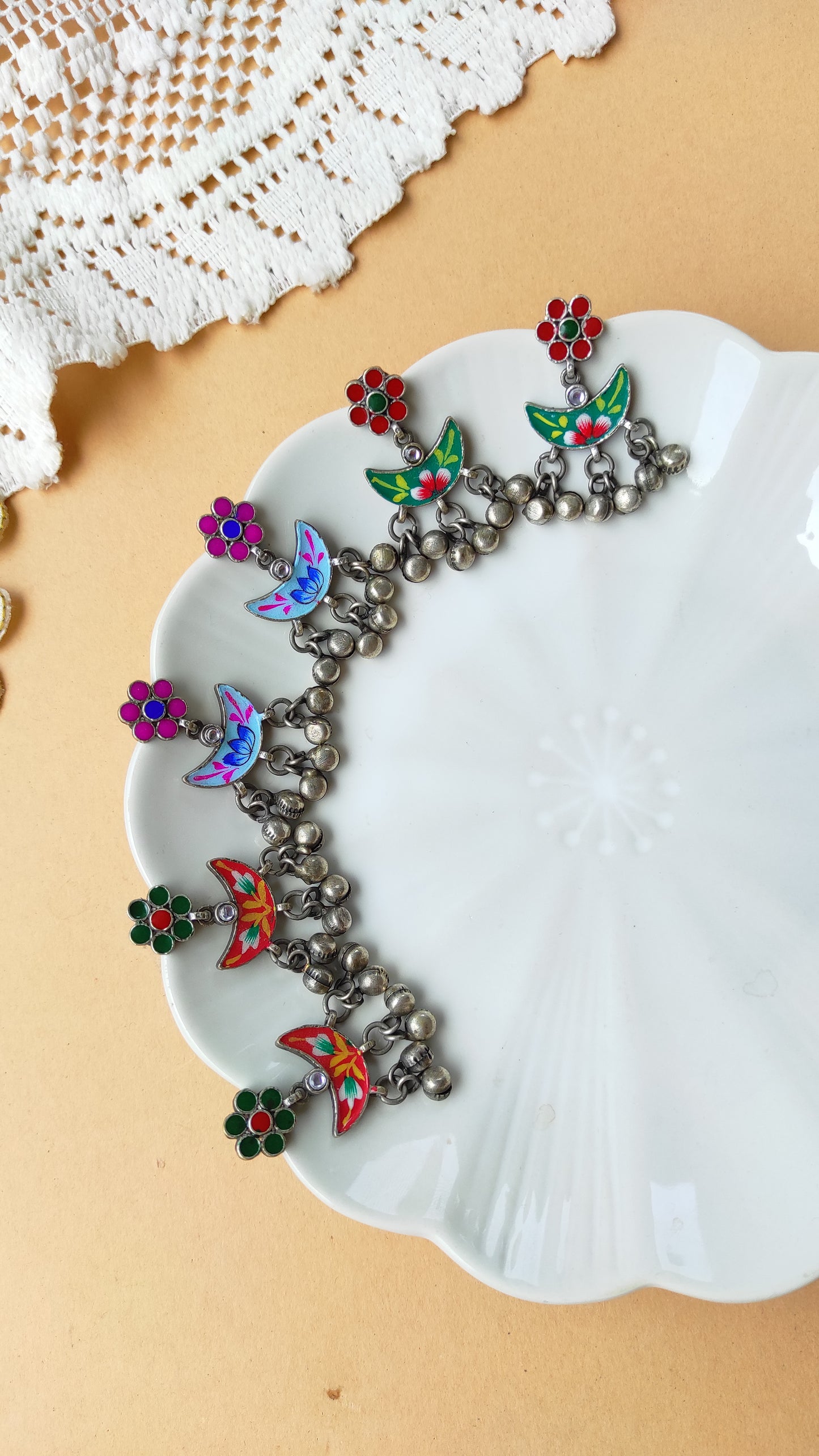Kaira hand painted ghunghru silver replica earrings