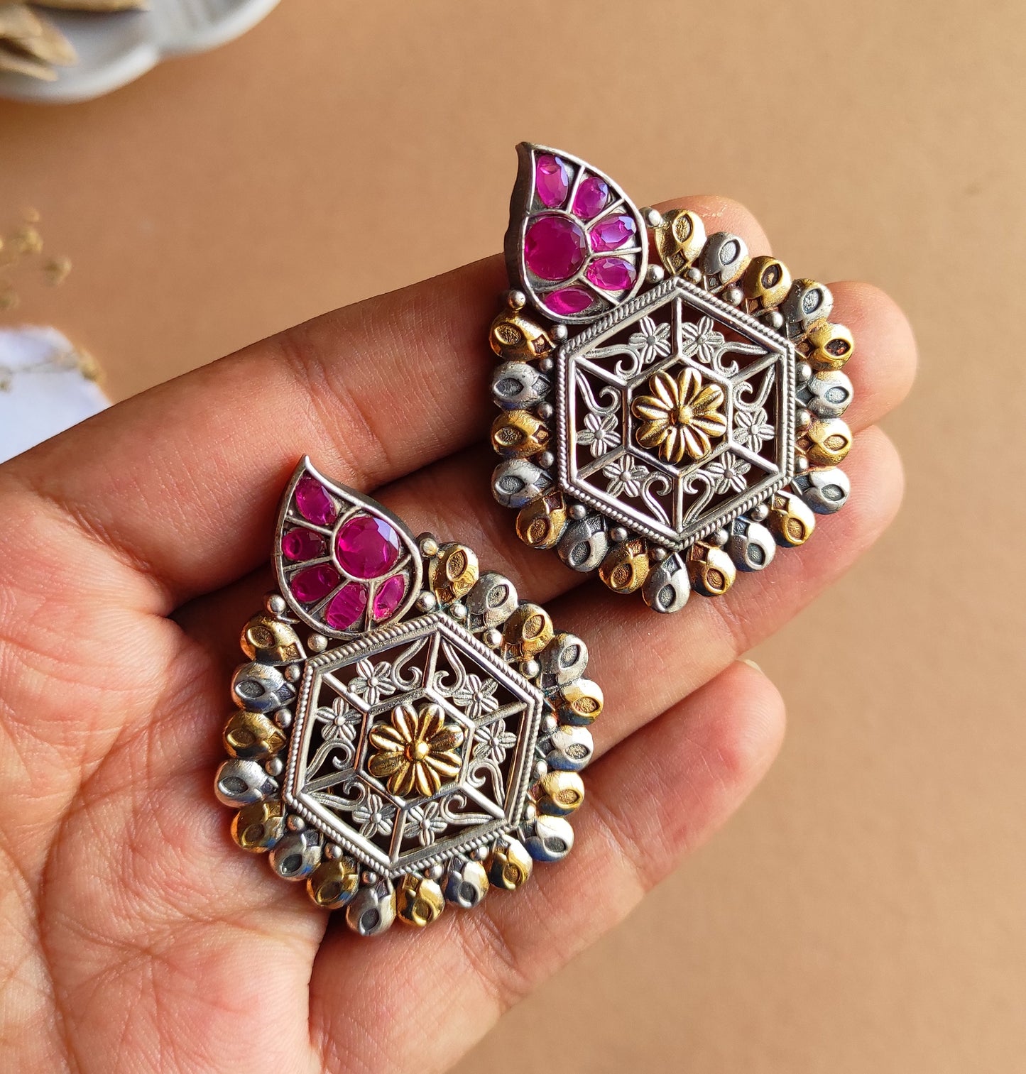 Hexagonal dualtone studs earrings with premium glass stones