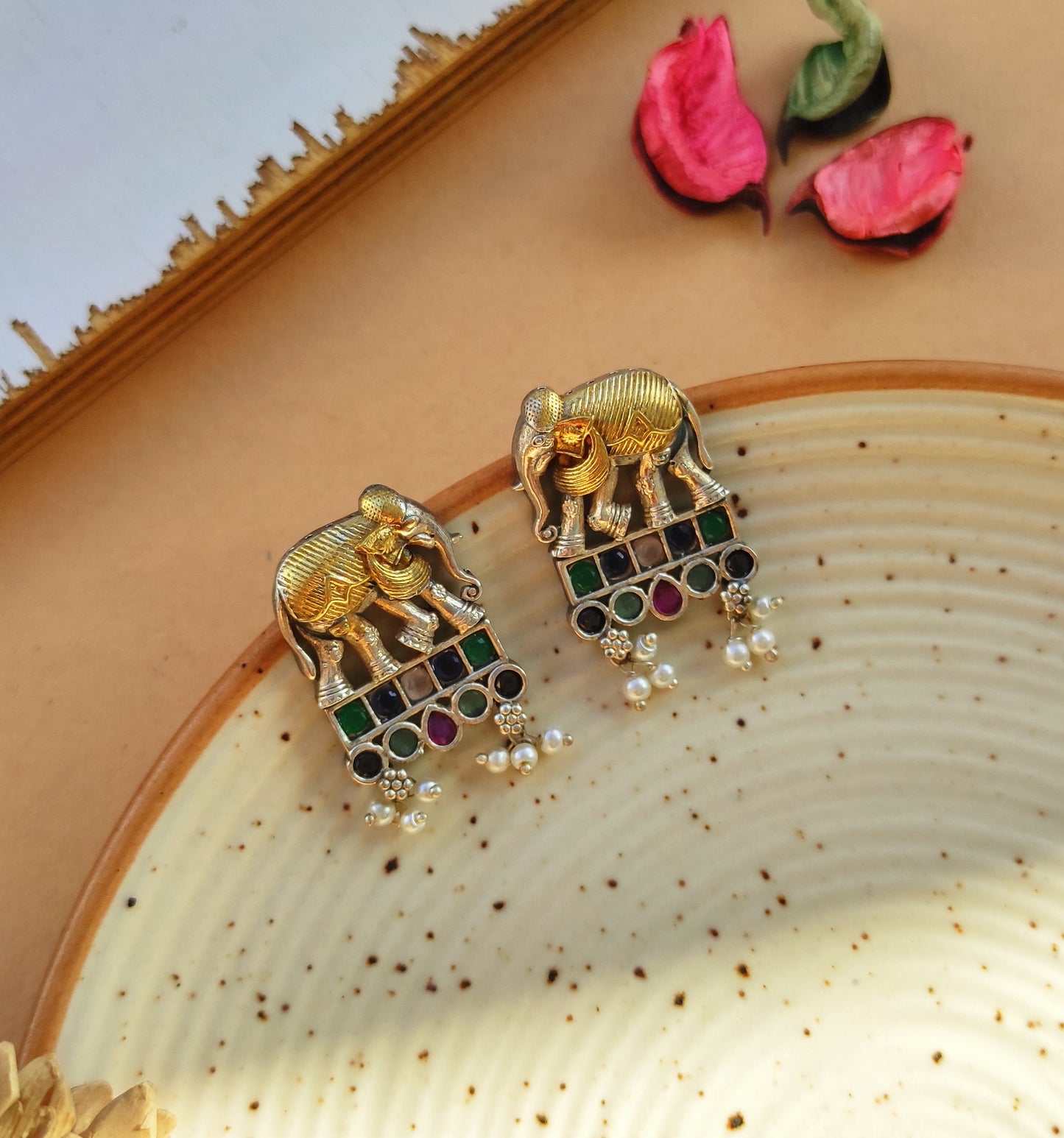 Elephant dual tone studs earrings