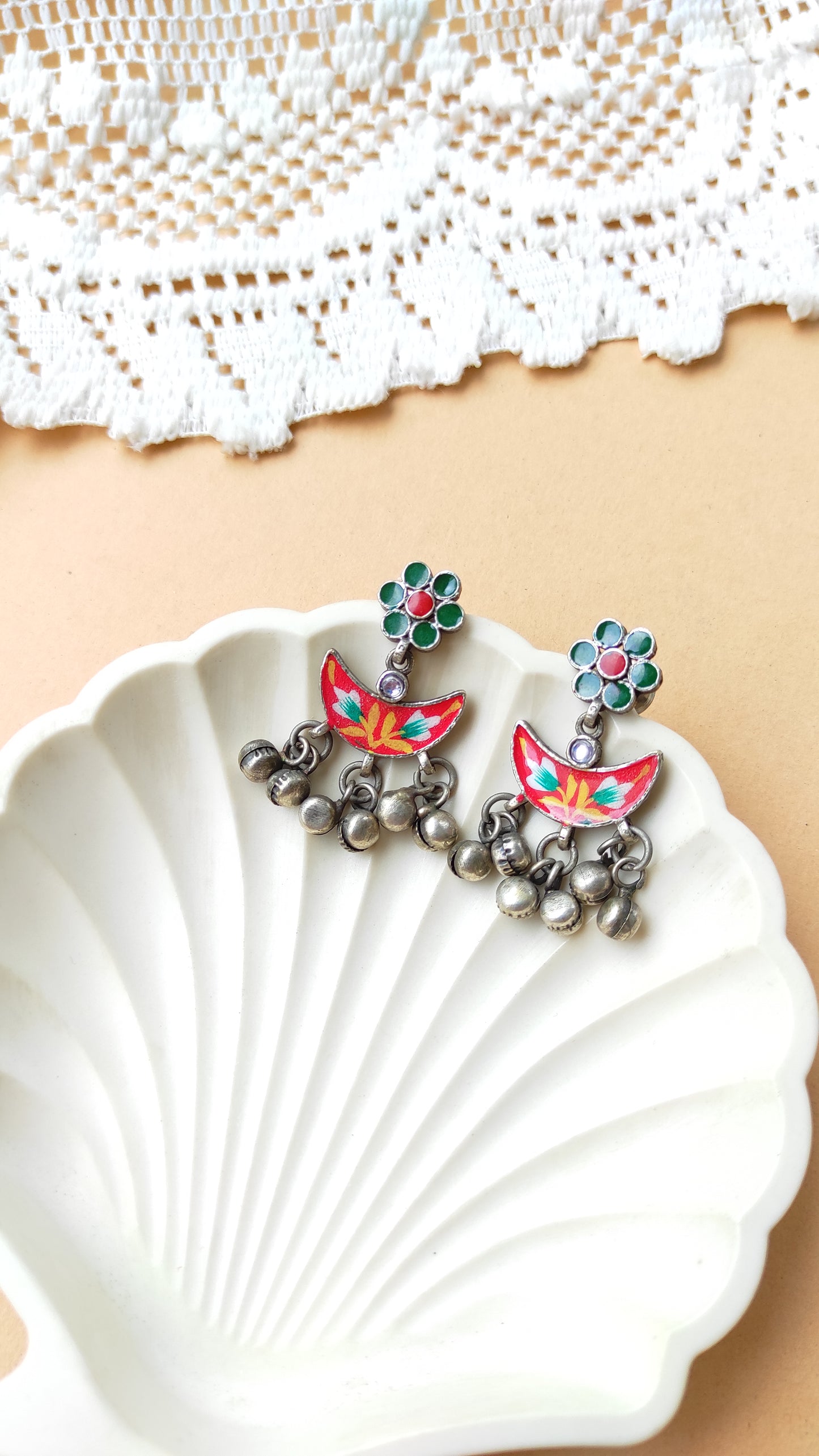 Kaira hand painted ghunghru silver replica earrings